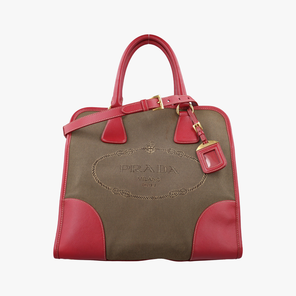 logo jacquard khaki×red Canvas × SAFFIANO Leather 194ロゴジャガード カーキ×レッド キャンバス×サフィアーノレザー 194
