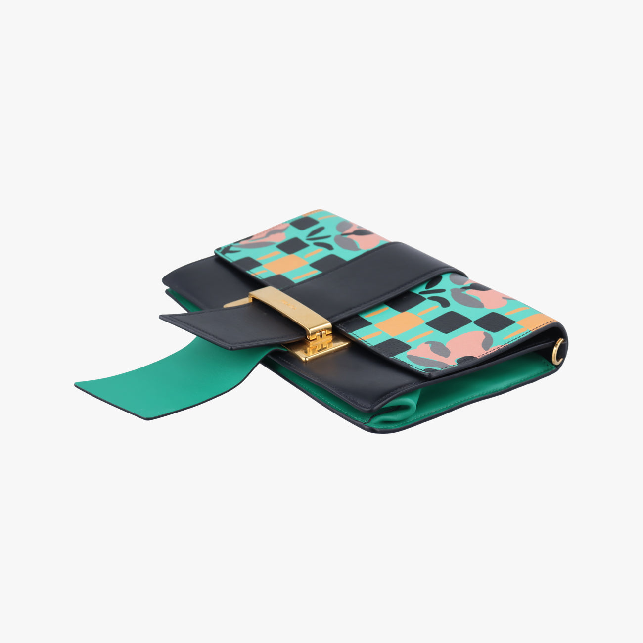 Floral Print Plex Metal Ribbon Green×Black×Multicolour Leather 7/Dフローラル プリント プレックス メタル リボン グリーン×ブラック×マルチカラー レザー 7/D