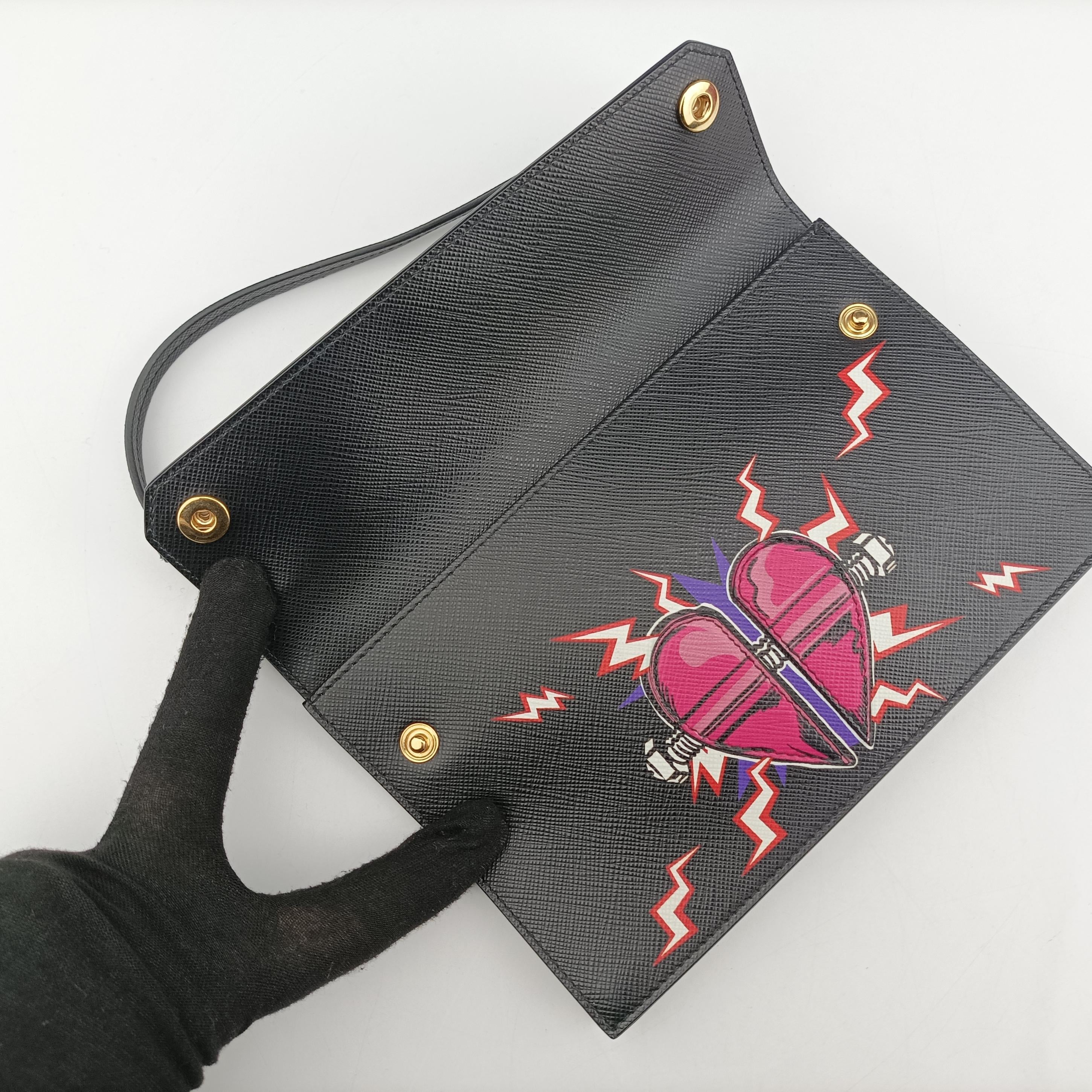 Heart pattern Black×multicolor Saffiano leather 62ハート パターン ブラック×マルチカラー サフィアーノレザー 62