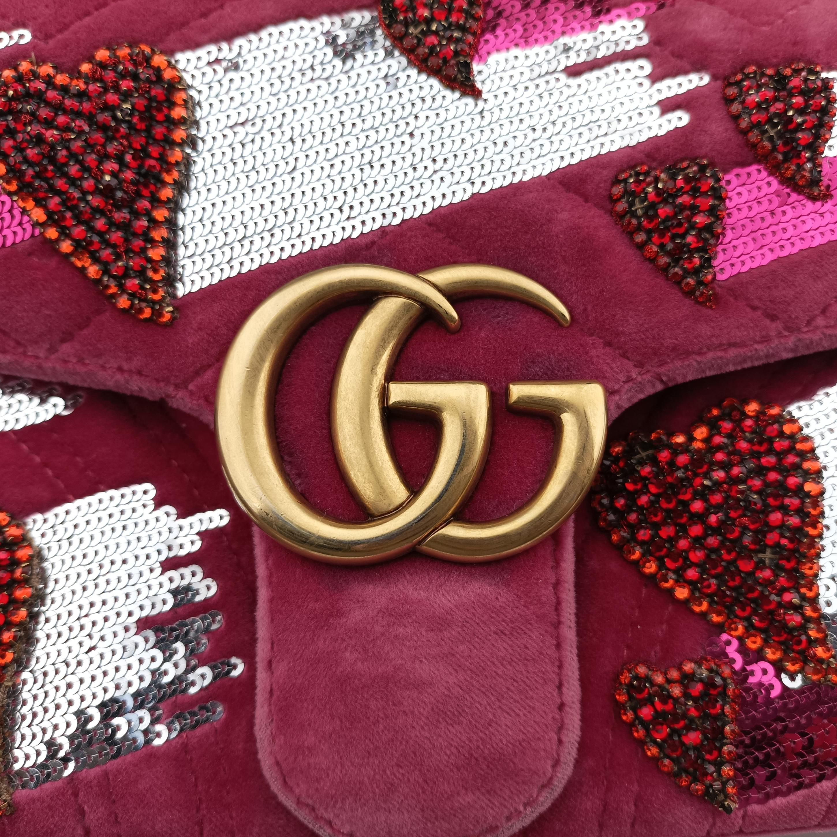 GG Marmont Rose Velour×Sequins 443497 F025673913GGマーモント ローズ レッド ベロア×スパンコール 443497 F025673913