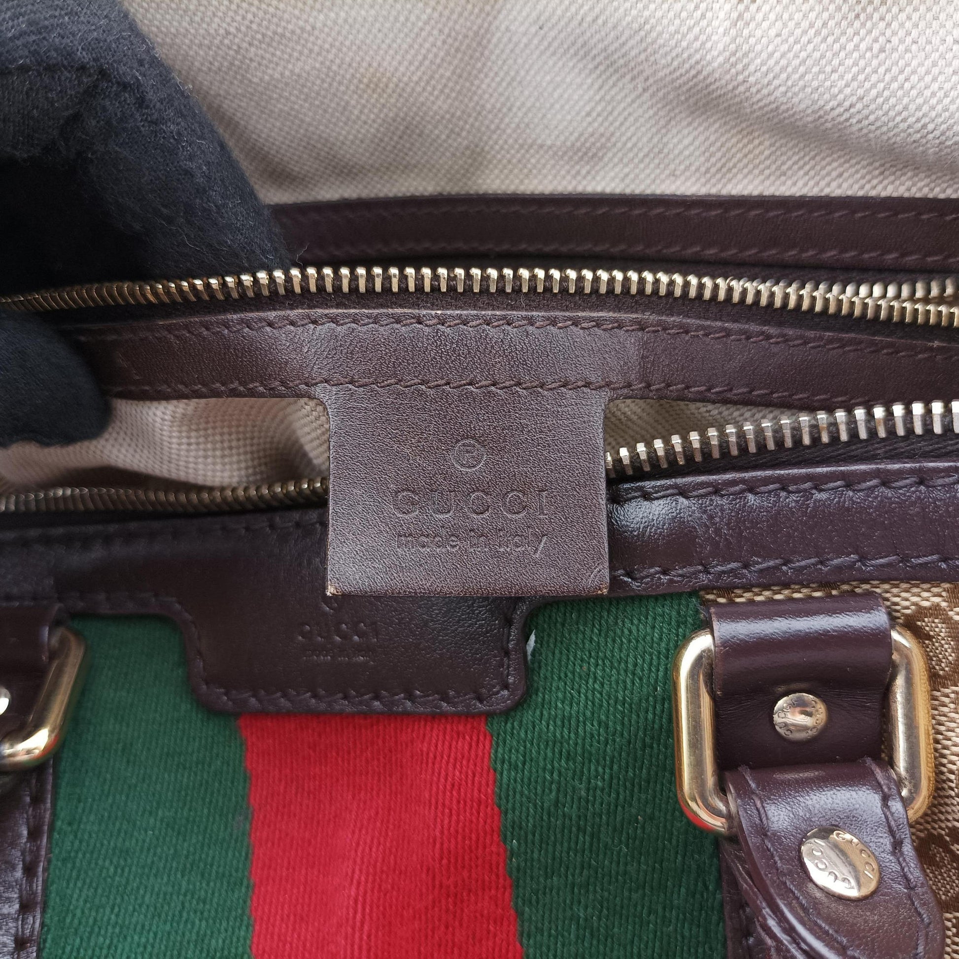 Sherry Line Beige×green×red×Brown canvas×leather 247205 E014989970シェリーライン ベージュ×グリーン×レッド×ブラウン キャンバス×レザー 247205 E014989970