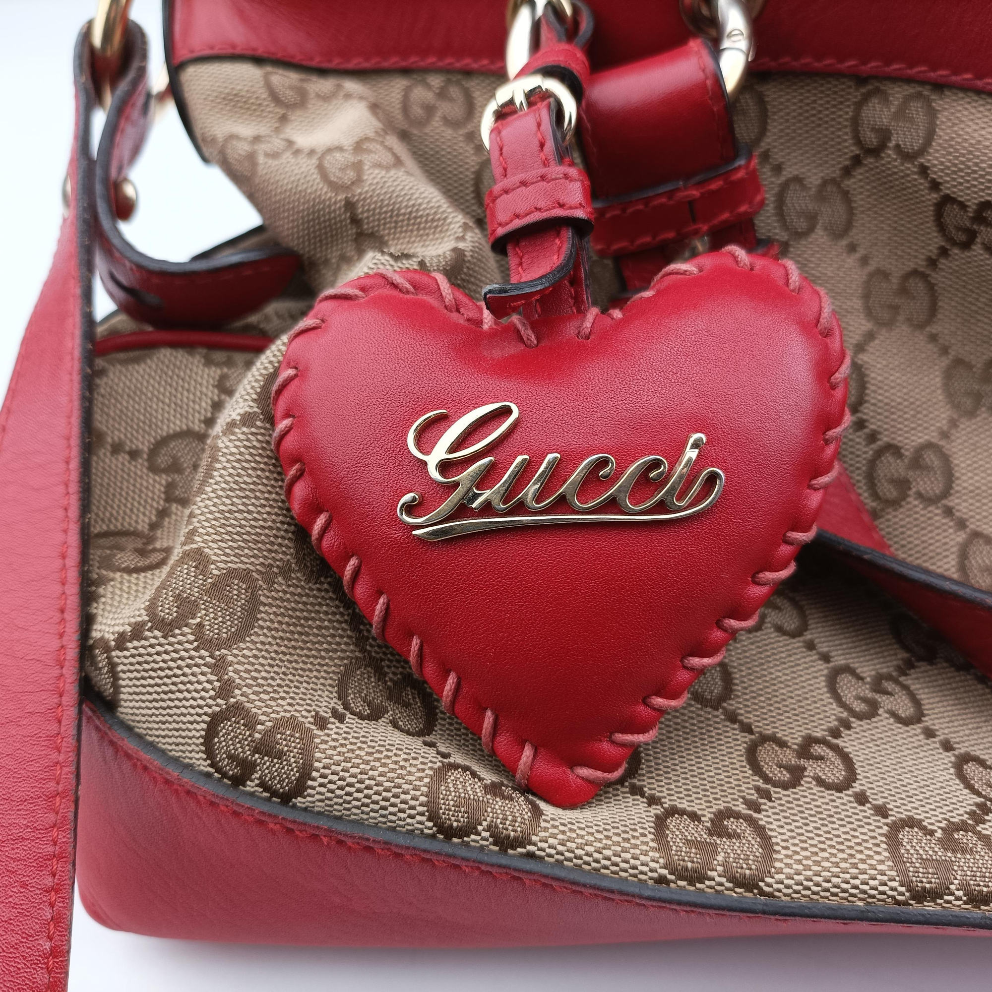 Valentine heart charm beige×red canvas×leather 309122 B018648405バレンタイン ハートチャーム ベージュ×レッド キャンバス×レザー 309122 B018648405