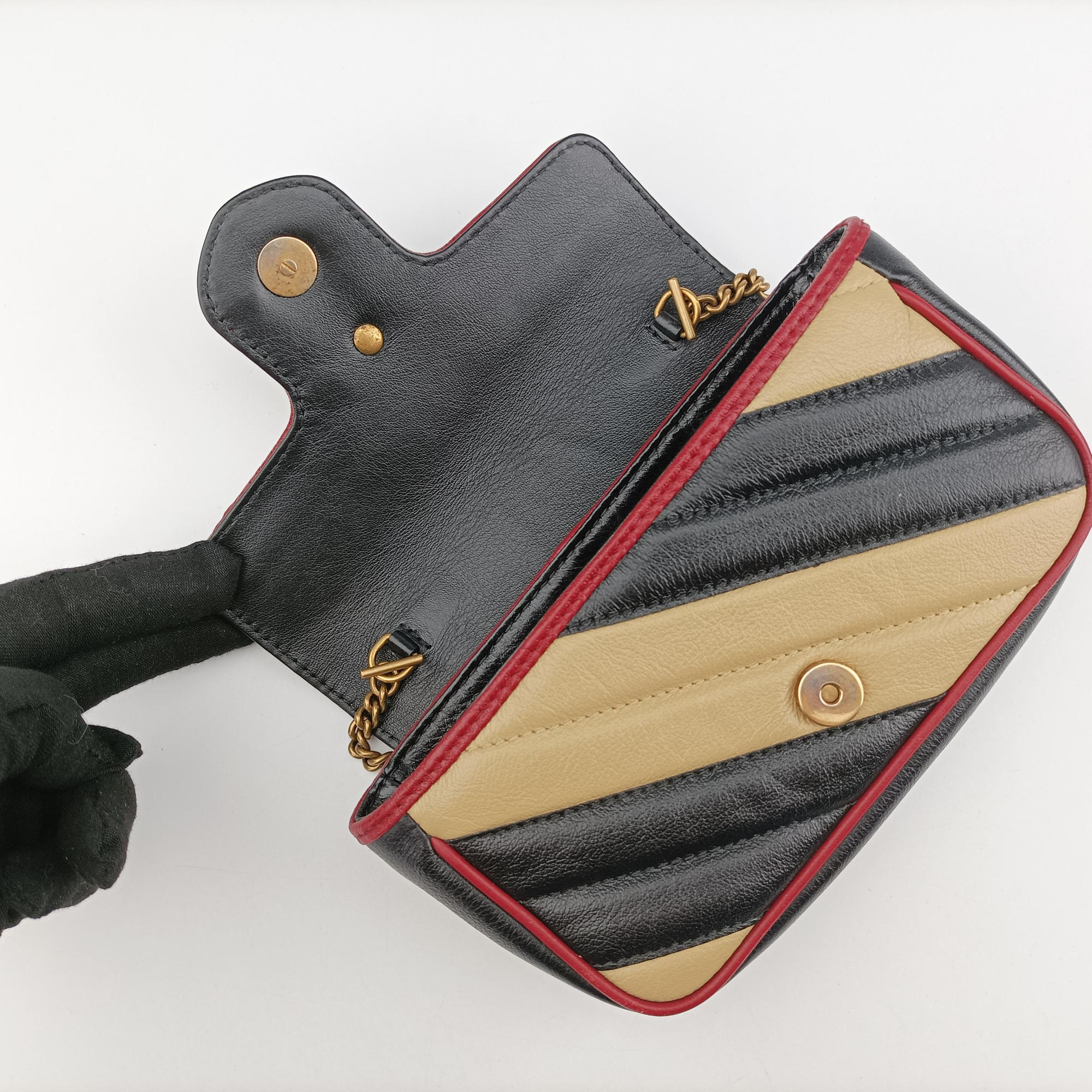 GG Marmont Black×Beige×Red Leather 574969 GGマーモント ブラック×ベージュ×レッド レザー 574969 
