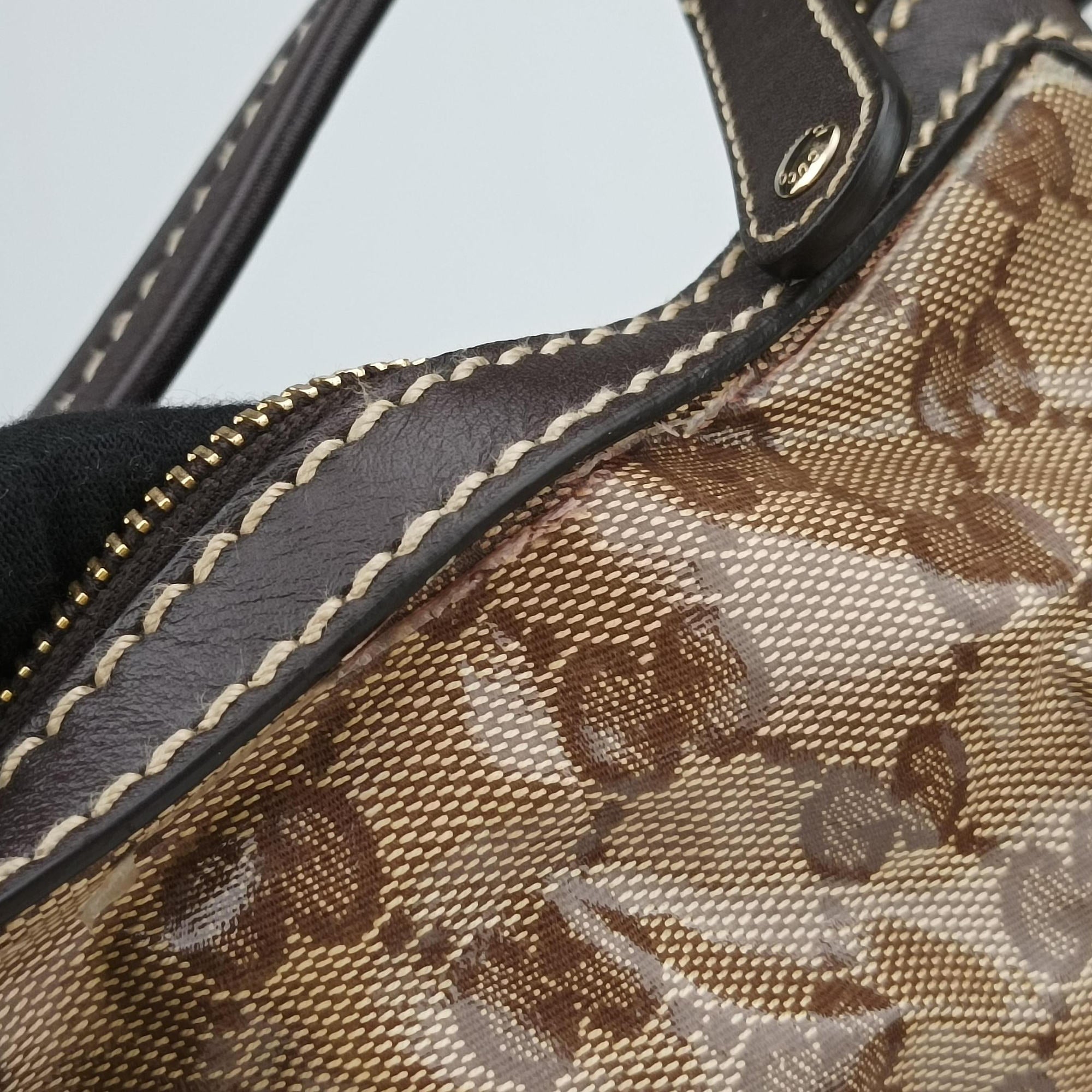 GG Crystal Beige × Brown PVC coated canvas ×Leather Trim 223965 A4970781GG クリスタル ベージュ× ブラウン PVCコーティングキャンバス × レザー 223965 A4970781