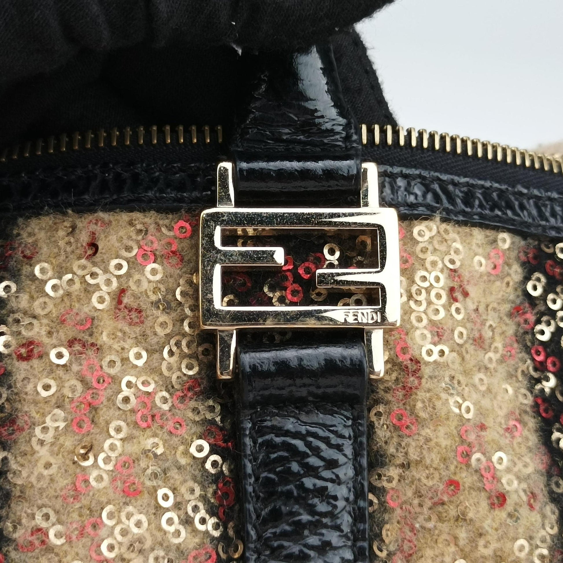 Forever Bauletto Black Sequin-embellished wool striped fabric × patent 8BL098 2305/8BL098/ZGE/089フォーエバー バウレット ブラック スパンコール刺繍 ウールファブリック × パテント 8BL098 2305/8BL098/ZGE/089