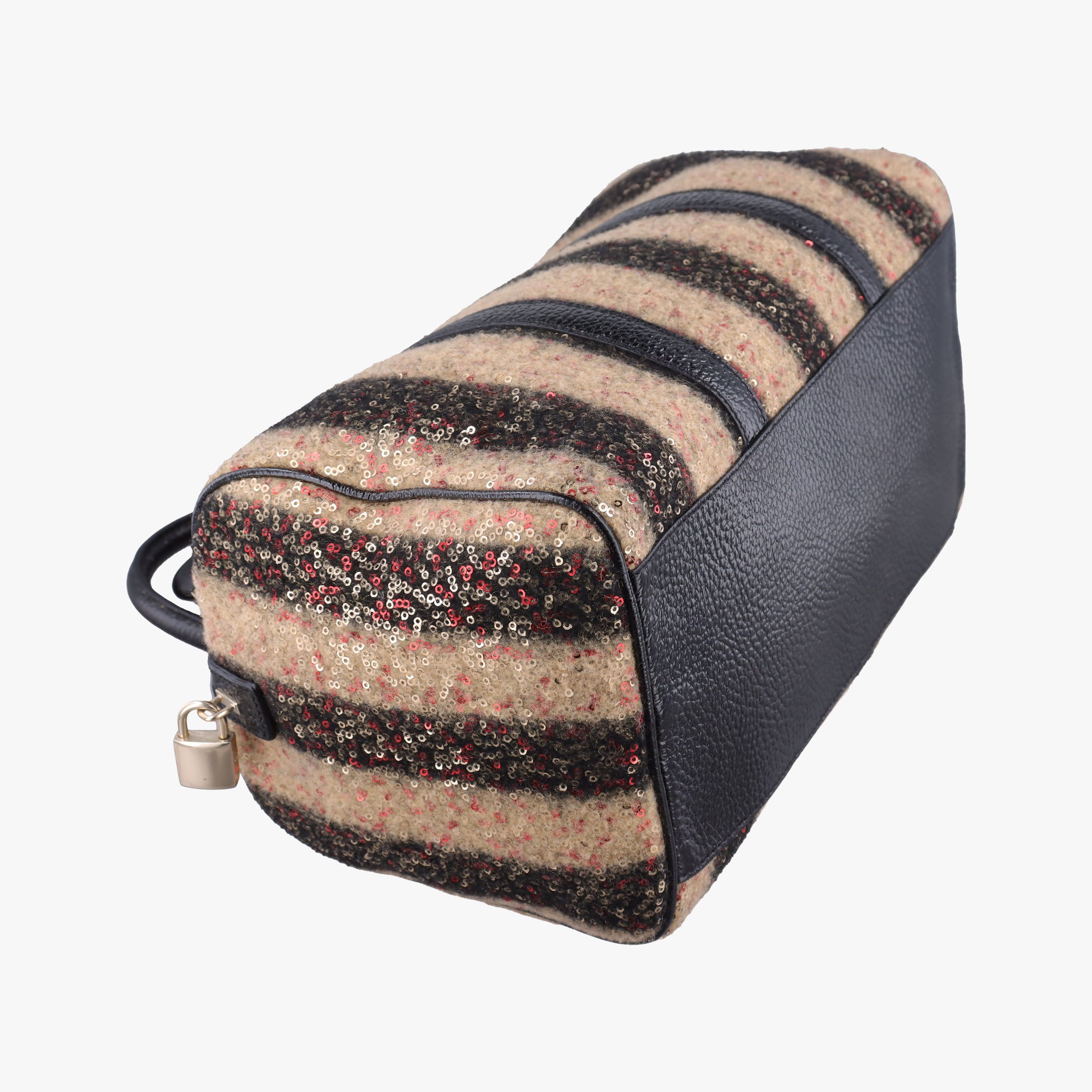 Forever Bauletto Black Sequin-embellished wool striped fabric × patent 8BL098 2305/8BL098/ZGE/089フォーエバー バウレット ブラック スパンコール刺繍 ウールファブリック × パテント 8BL098 2305/8BL098/ZGE/089