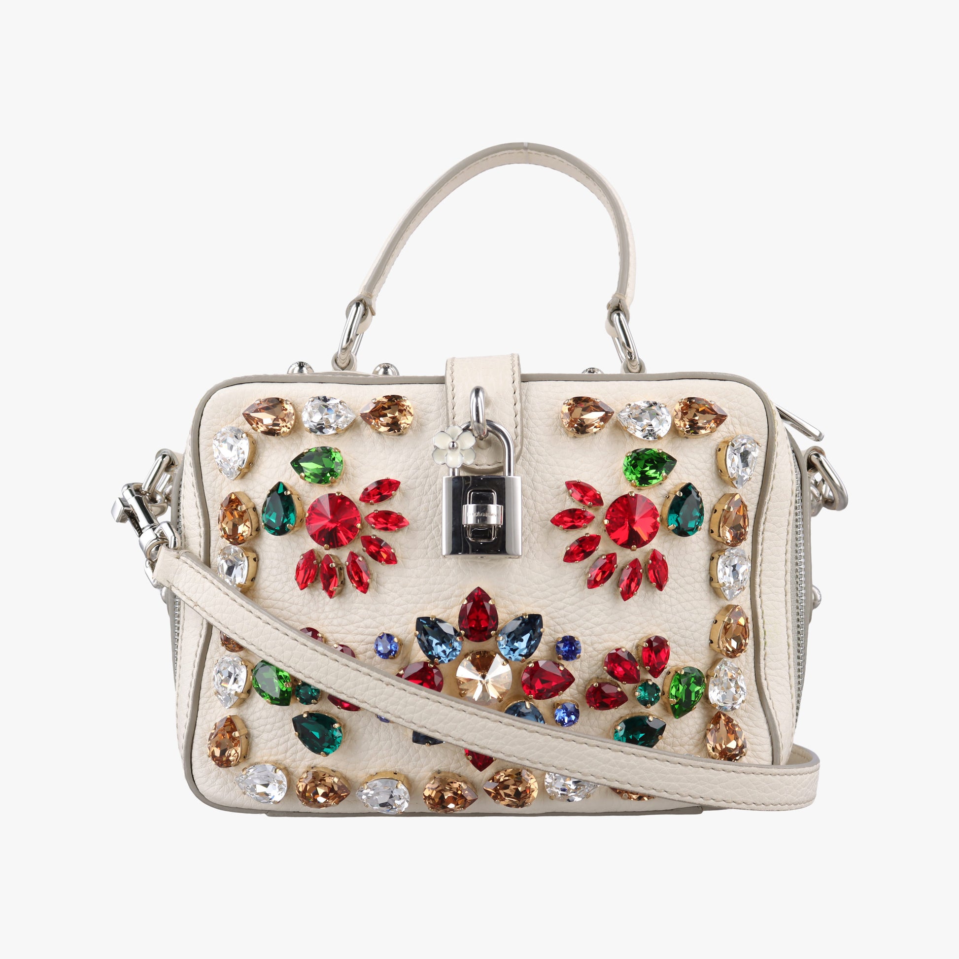 Flower Motif Rhinestone Lock WhitexMulticolour Leather 44フラワーモチーフ ラインストーン ロック ホワイトxマルチカラー レザー 44