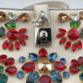 Flower Motif Rhinestone Lock WhitexMulticolour Leather 44フラワーモチーフ ラインストーン ロック ホワイトxマルチカラー レザー 44
