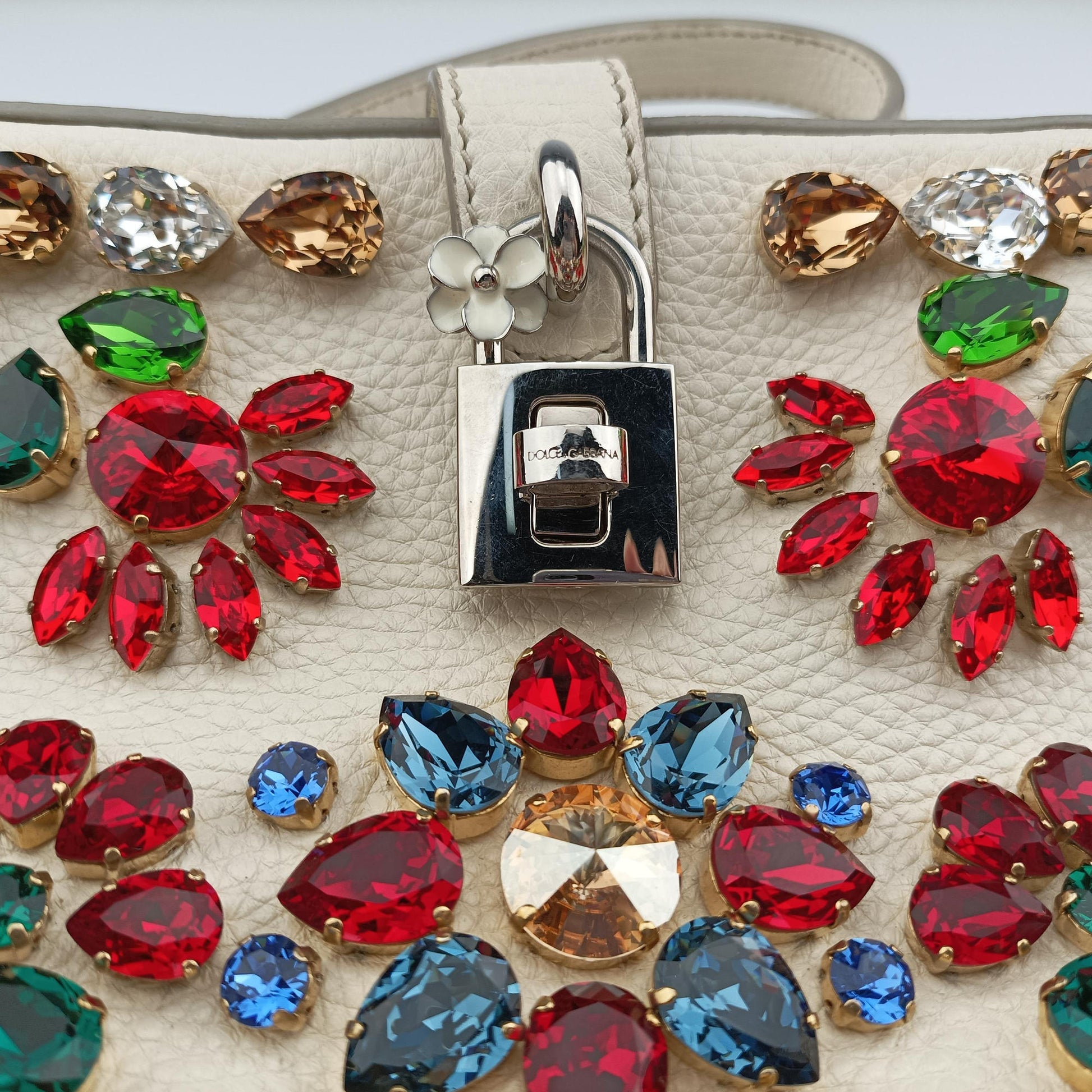 Flower Motif Rhinestone Lock WhitexMulticolour Leather 44フラワーモチーフ ラインストーン ロック ホワイトxマルチカラー レザー 44