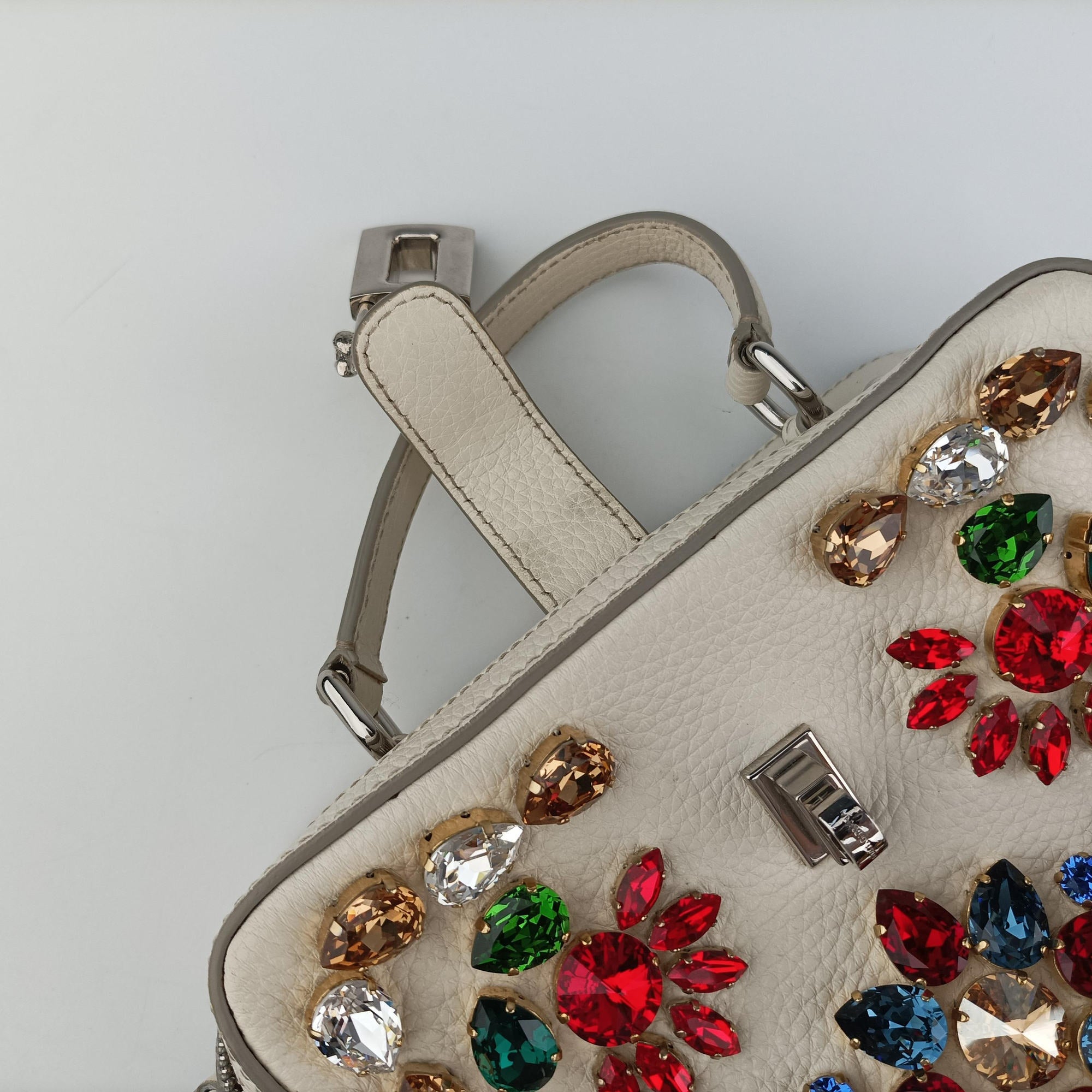Flower Motif Rhinestone Lock WhitexMulticolour Leather 44フラワーモチーフ ラインストーン ロック ホワイトxマルチカラー レザー 44
