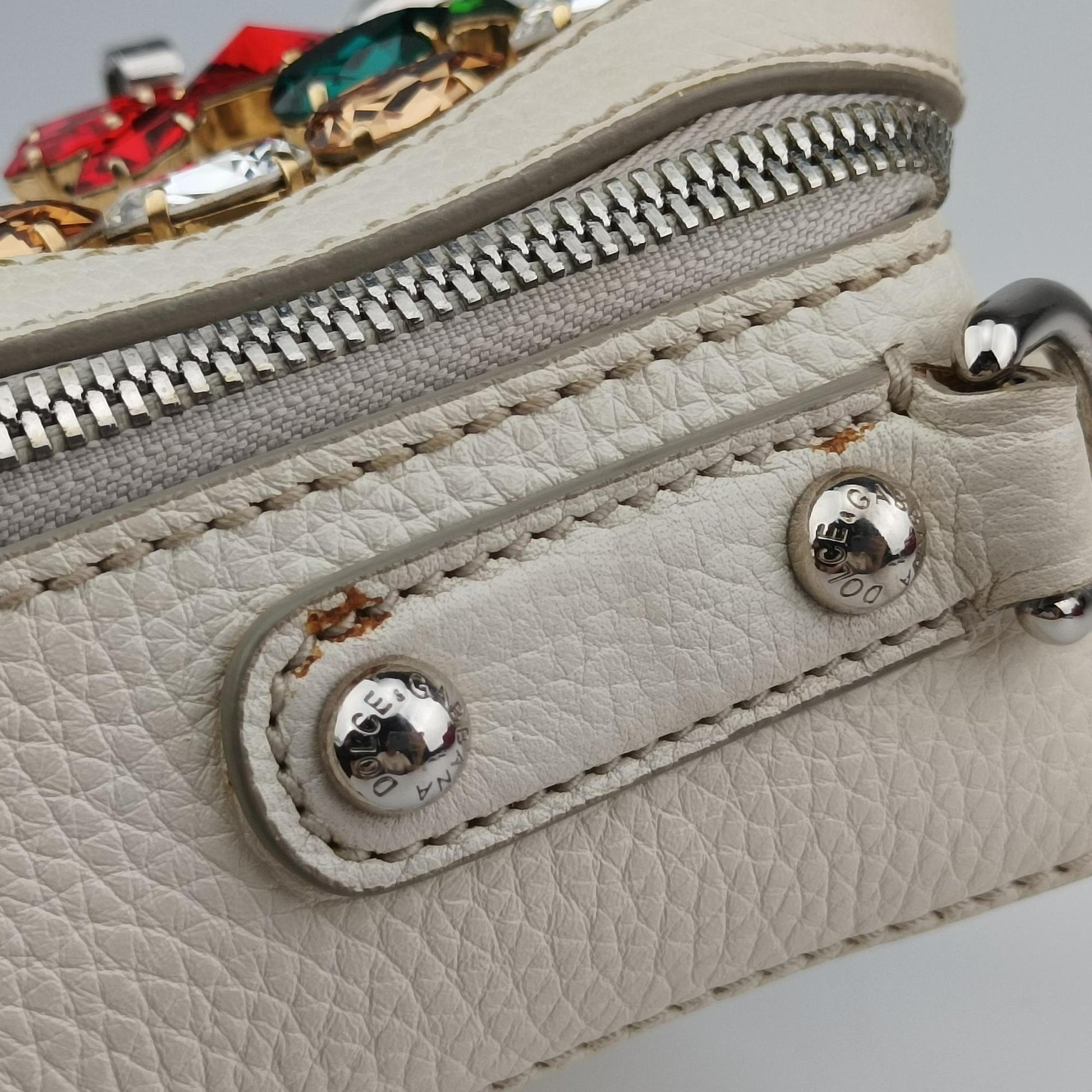 Flower Motif Rhinestone Lock WhitexMulticolour Leather 44フラワーモチーフ ラインストーン ロック ホワイトxマルチカラー レザー 44