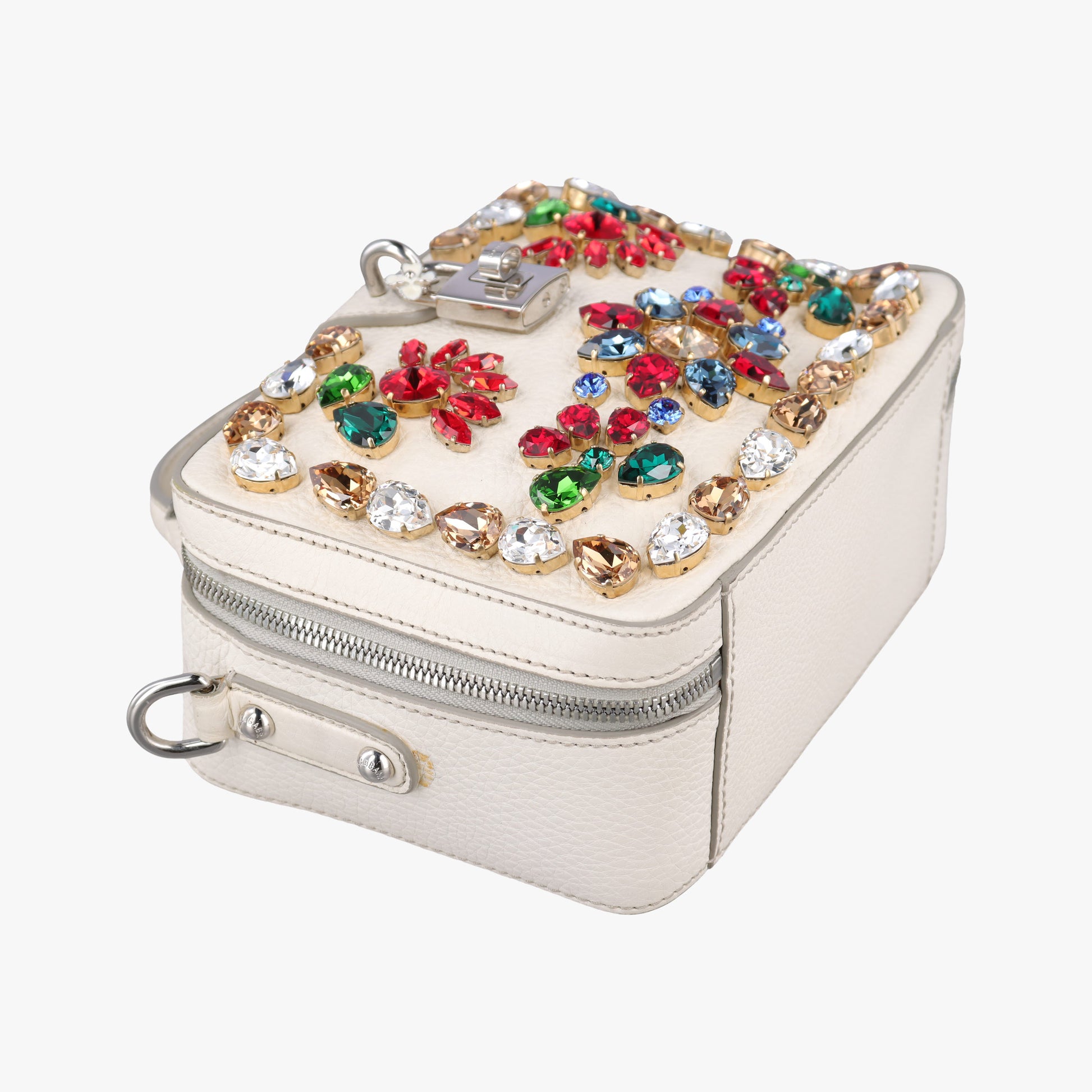 Flower Motif Rhinestone Lock WhitexMulticolour Leather 44フラワーモチーフ ラインストーン ロック ホワイトxマルチカラー レザー 44