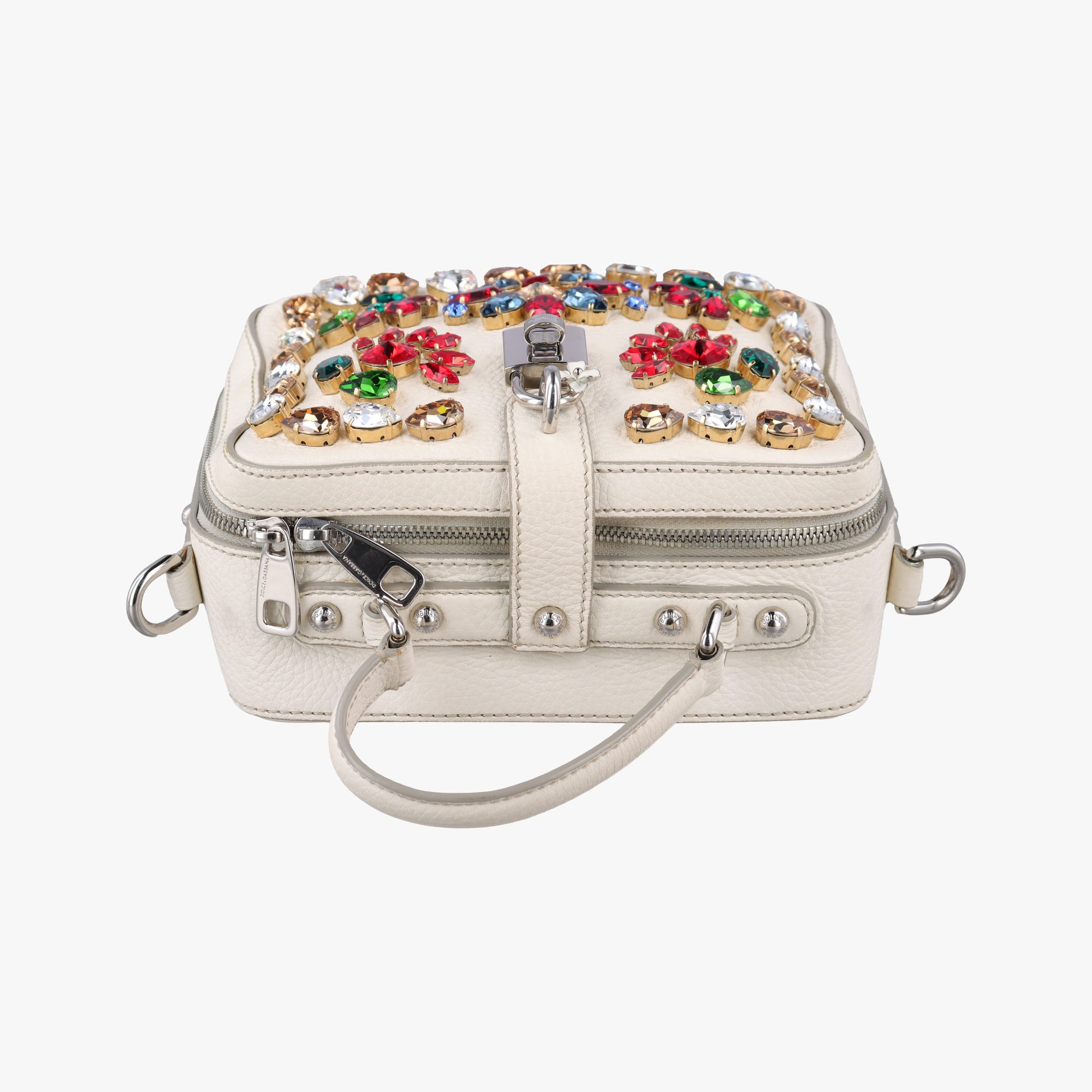 Flower Motif Rhinestone Lock WhitexMulticolour Leather 44フラワーモチーフ ラインストーン ロック ホワイトxマルチカラー レザー 44