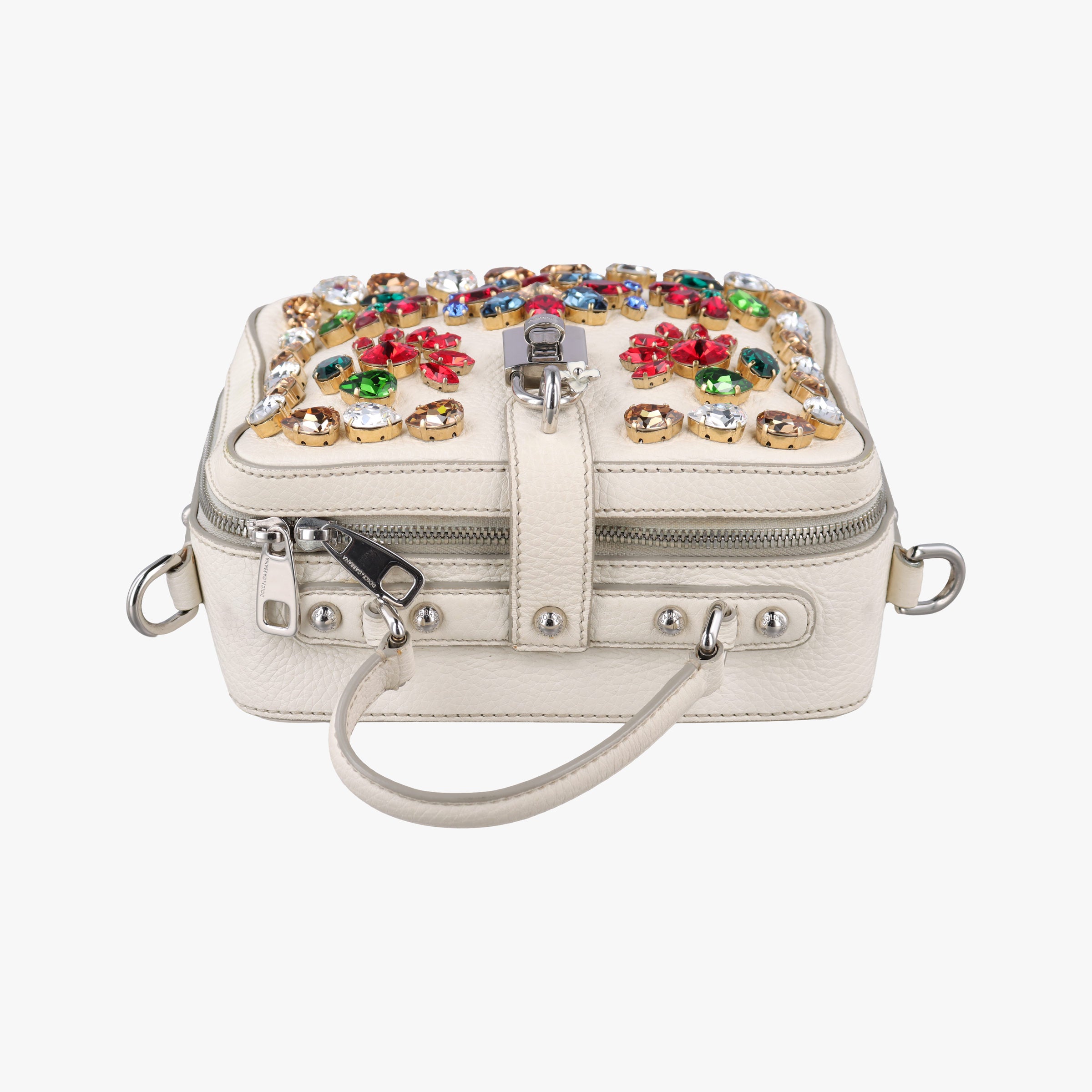 Flower Motif Rhinestone Lock WhitexMulticolour Leather 44フラワーモチーフ ラインストーン ロック ホワイトxマルチカラー レザー 44