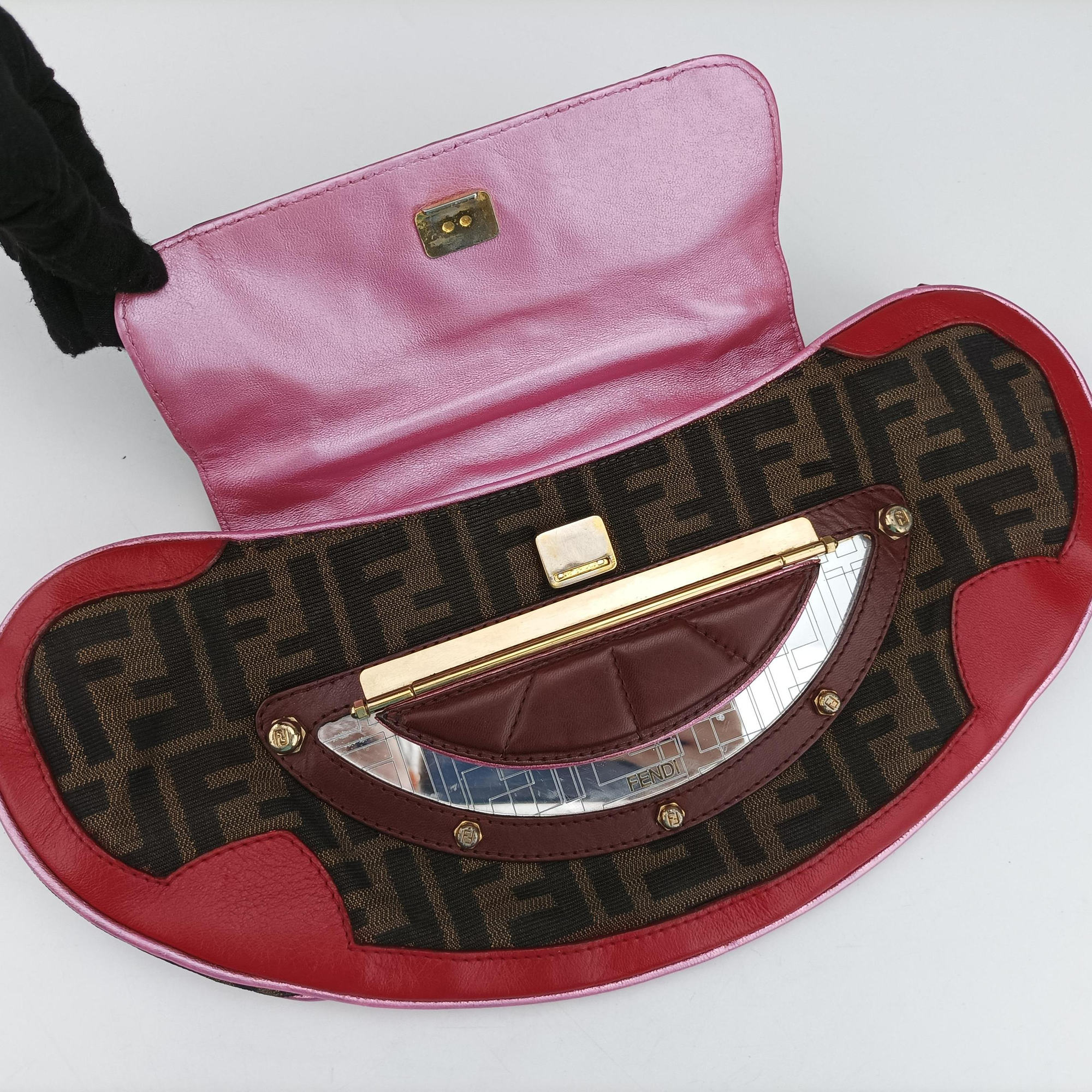 Zucca Vanity Mirror Brown × Red Jacquard × Leather 8BN133 2305/8BN133/MN5/049ズッカ バニティミラー ブラウン × レッド ジャガード × レザー 8BN133 2305/8BN133/MN5/049