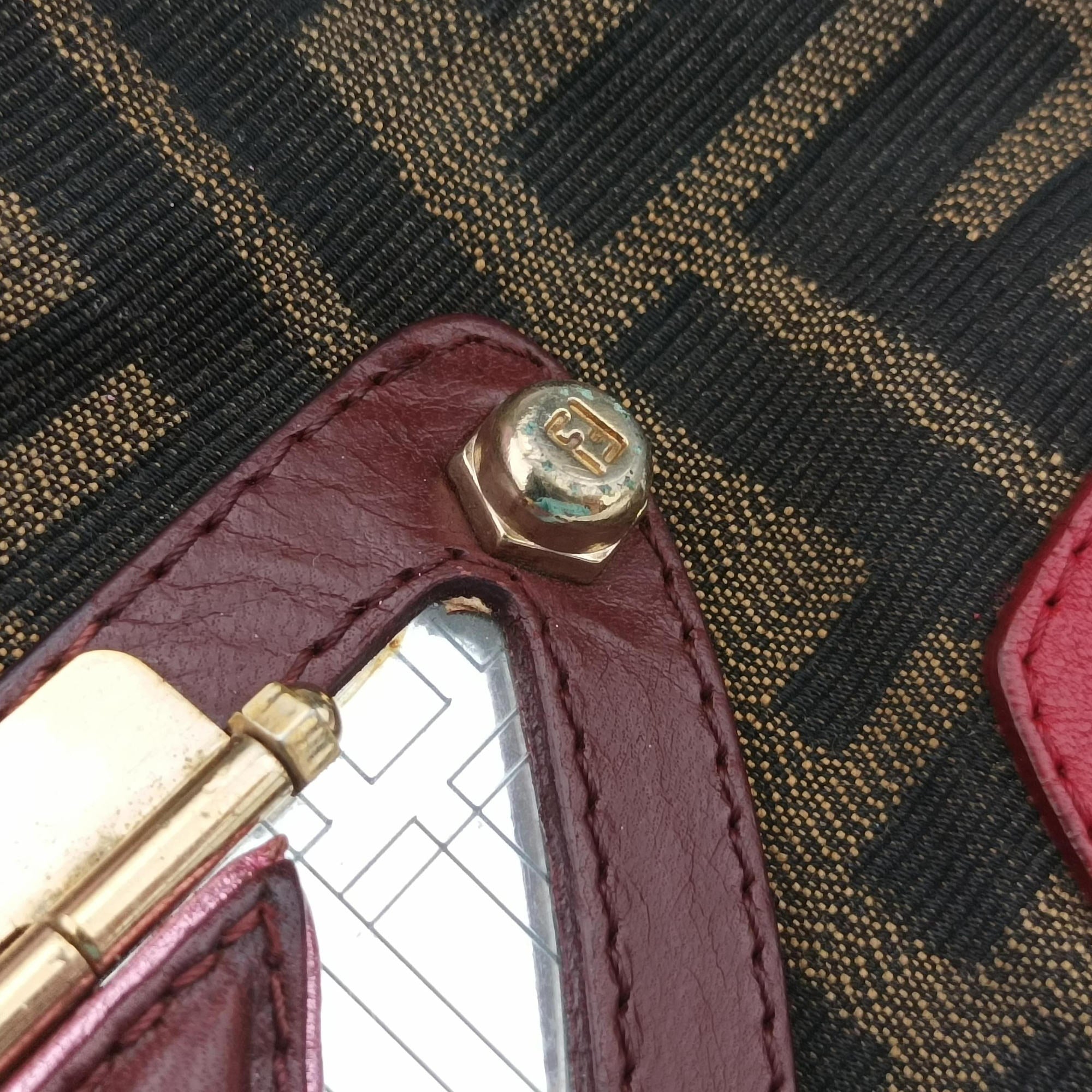 Zucca Vanity Mirror Brown × Red Jacquard × Leather 8BN133 2305/8BN133/MN5/049ズッカ バニティミラー ブラウン × レッド ジャガード × レザー 8BN133 2305/8BN133/MN5/049