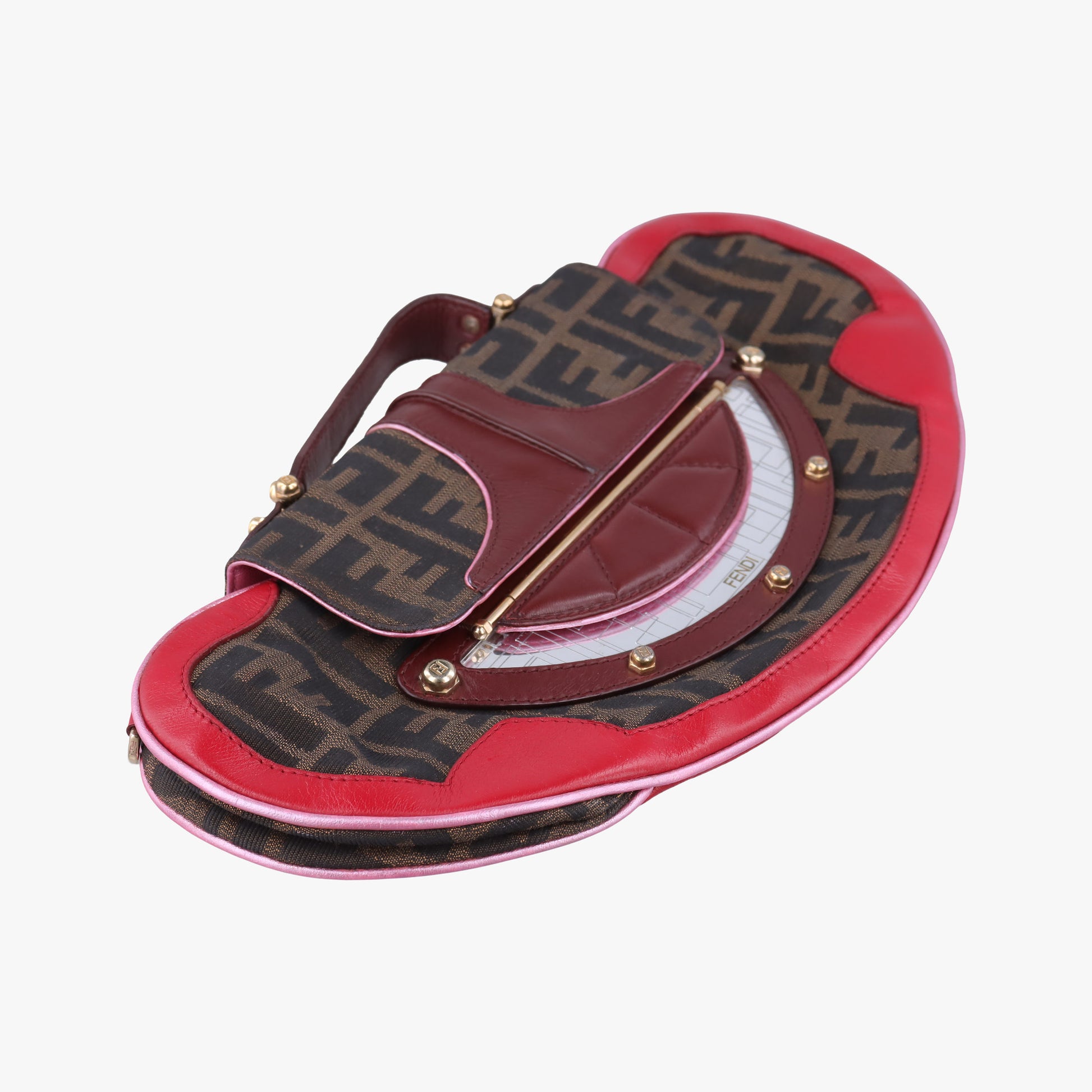 Zucca Vanity Mirror Brown × Red Jacquard × Leather 8BN133 2305/8BN133/MN5/049ズッカ バニティミラー ブラウン × レッド ジャガード × レザー 8BN133 2305/8BN133/MN5/049