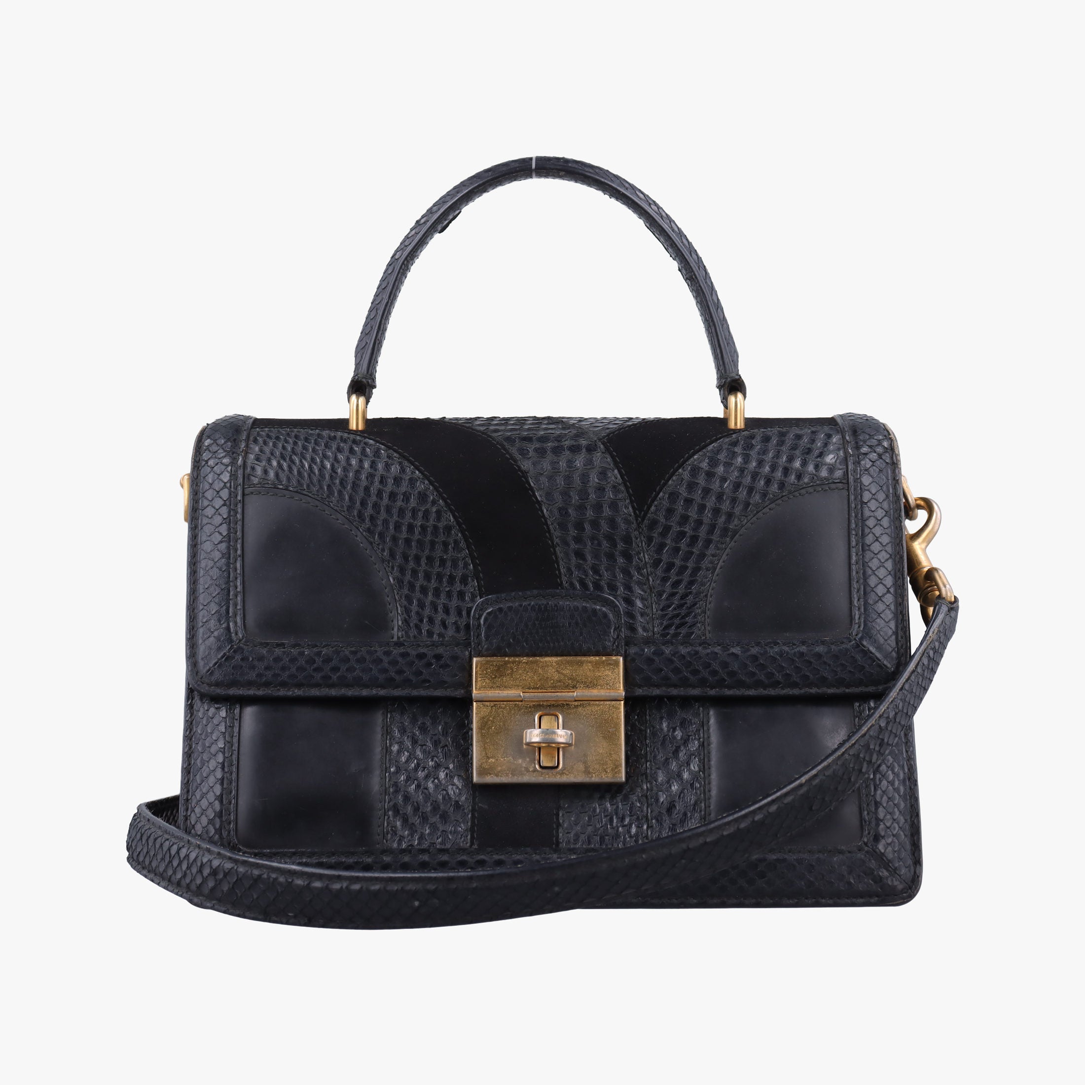 Rosalia Top Handle Black Leather×Suede×Python 50ロザリア トップハンドル ブラック レザー × スエード × パイソン 50