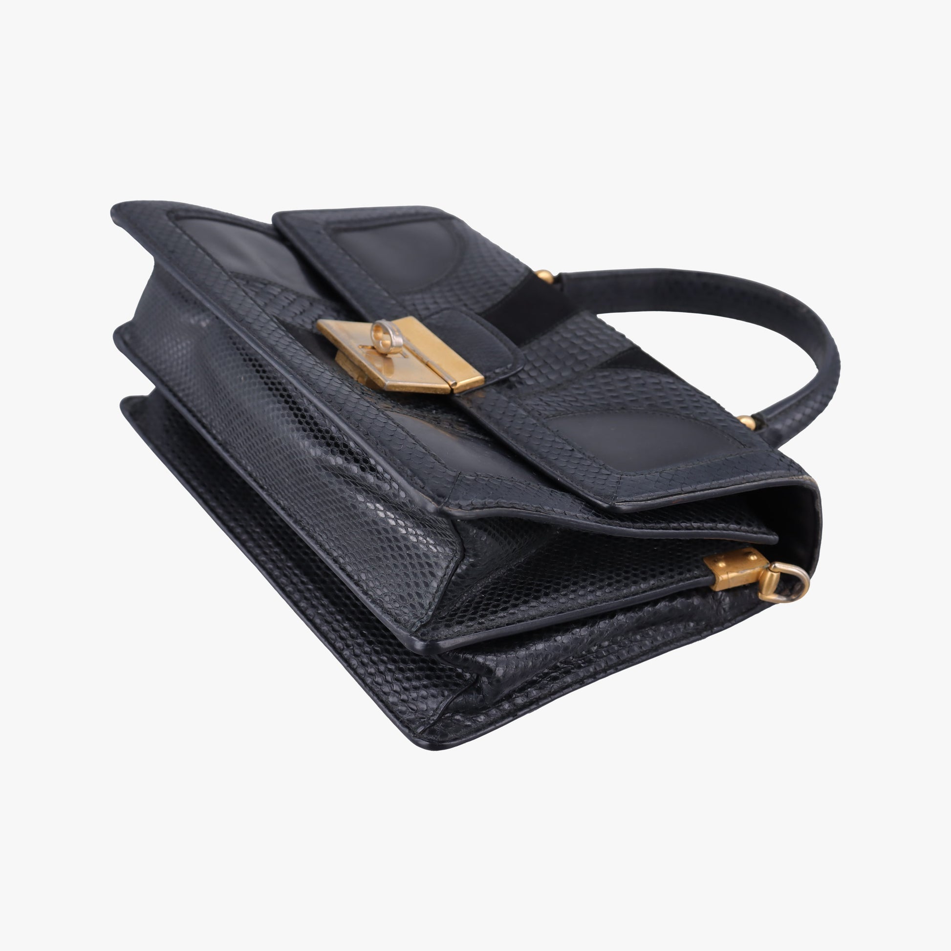 Rosalia Top Handle Black Leather×Suede×Python 50ロザリア トップハンドル ブラック レザー × スエード × パイソン 50
