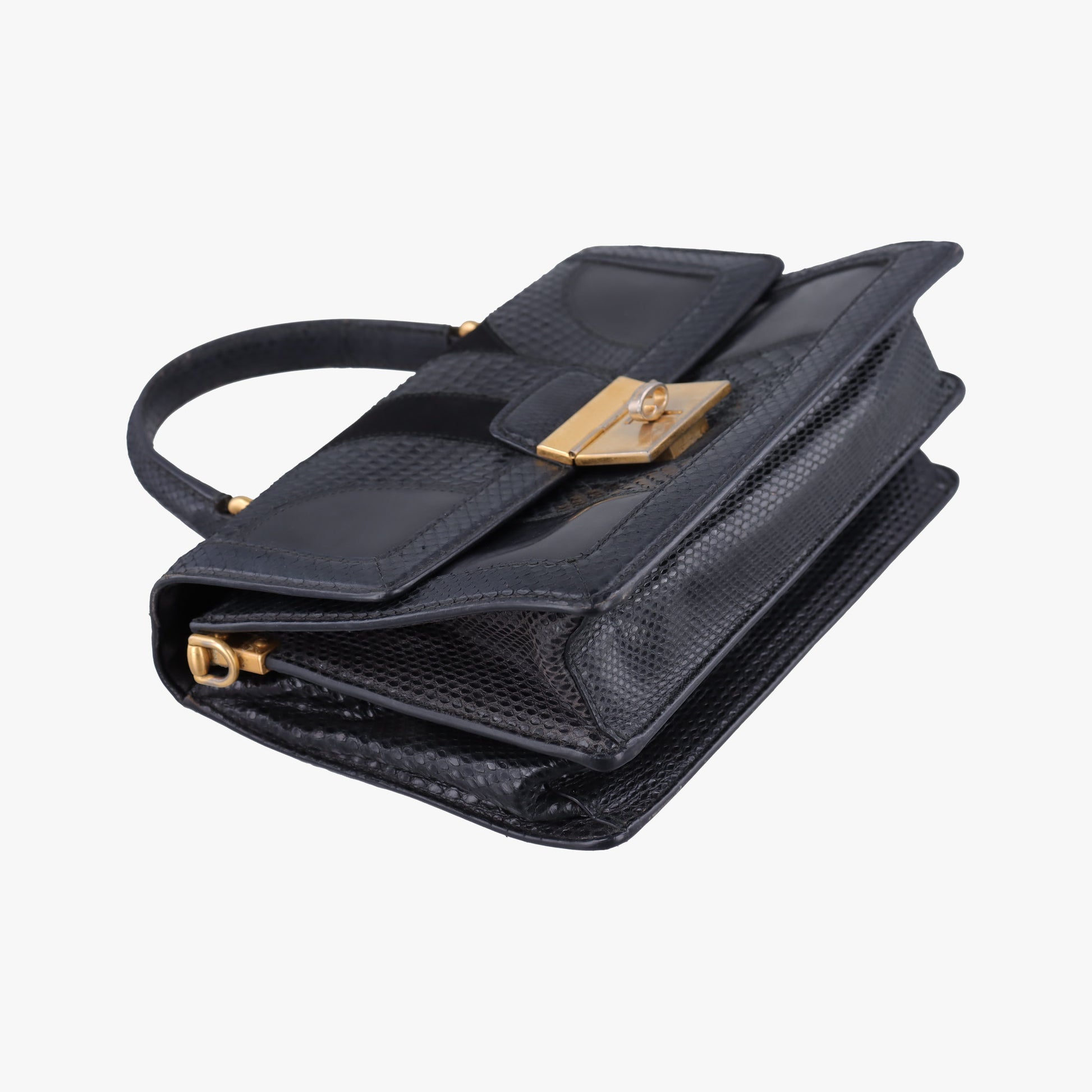Rosalia Top Handle Black Leather×Suede×Python 50ロザリア トップハンドル ブラック レザー × スエード × パイソン 50