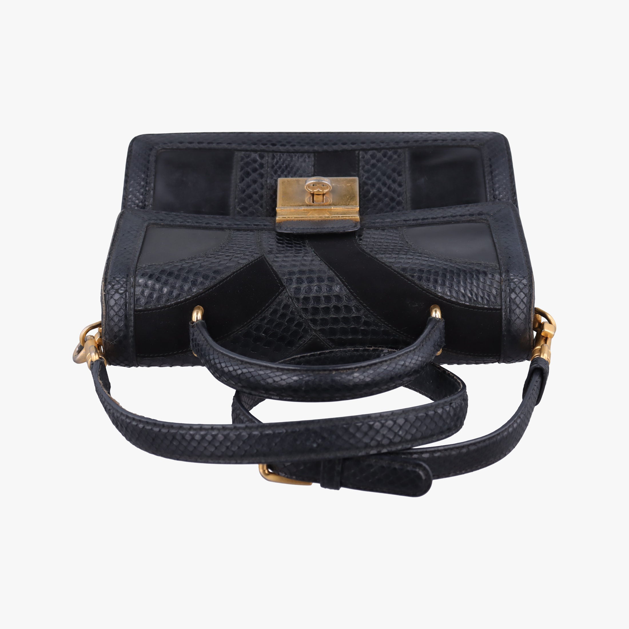 Rosalia Top Handle Black Leather×Suede×Python 50ロザリア トップハンドル ブラック レザー × スエード × パイソン 50