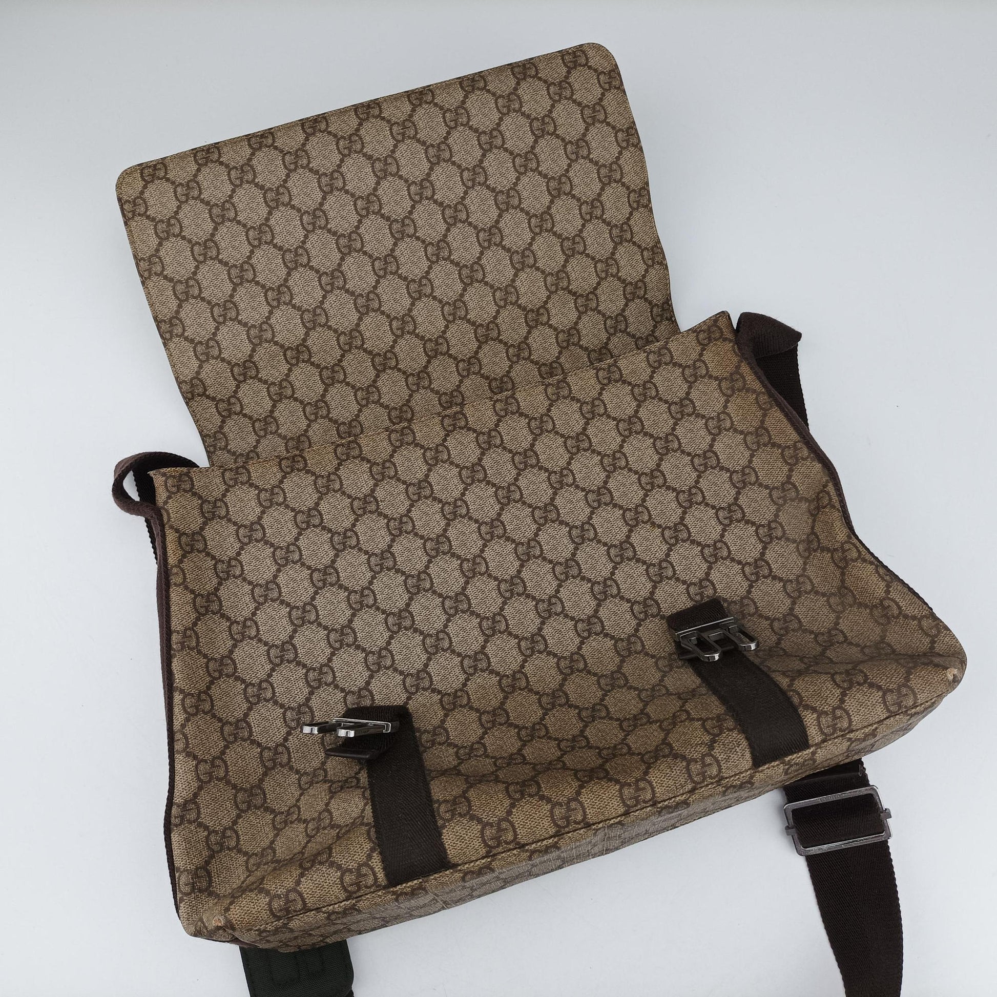 GG Supreme Double Buckle Beige × Dark Brown PVC coated canvas 122373 GGスプリーム ダブルバックル ベージュ × ダークブラウン PVCコーティングキャンバス 122373 