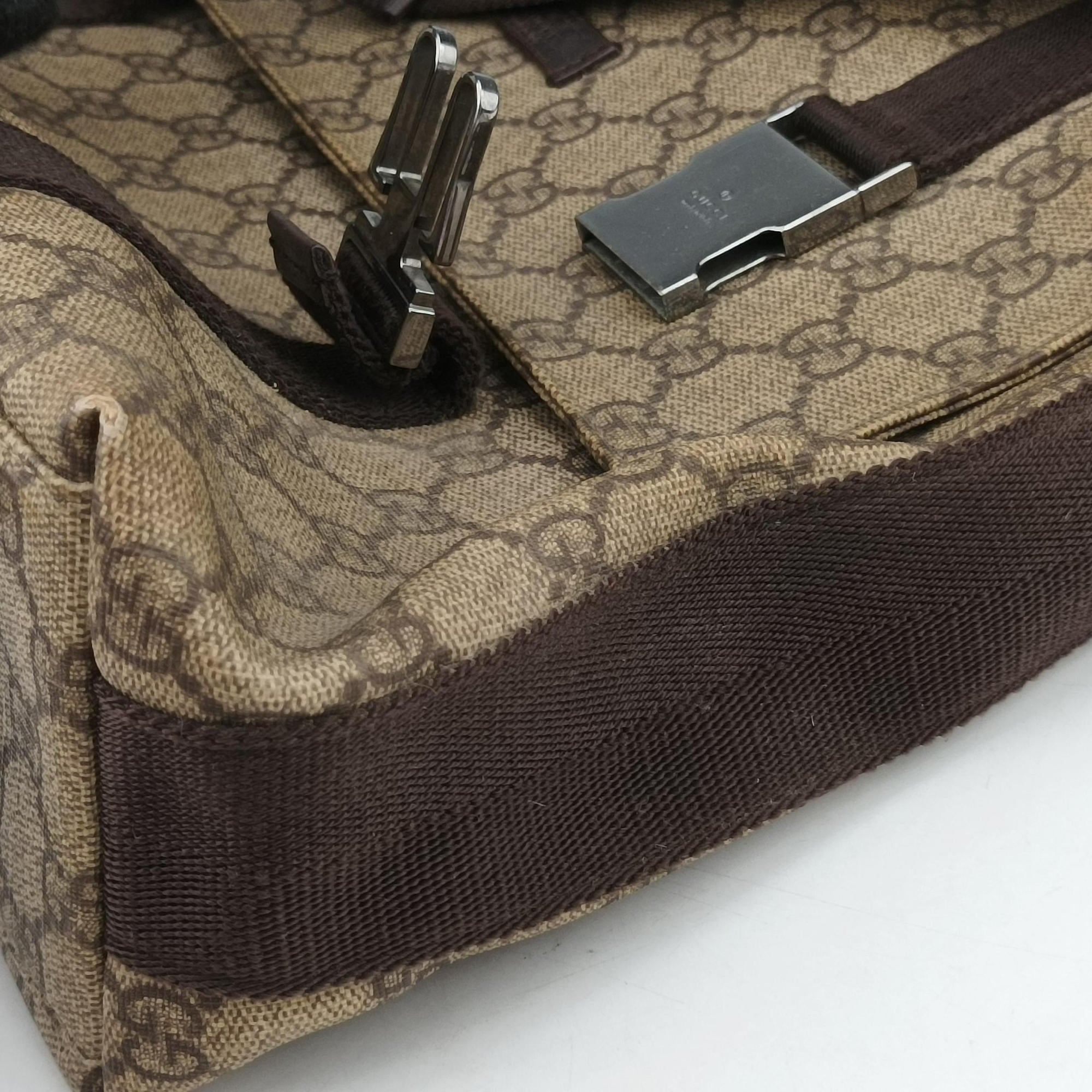 GG Supreme Double Buckle Beige × Dark Brown PVC coated canvas 122373 GGスプリーム ダブルバックル ベージュ × ダークブラウン PVCコーティングキャンバス 122373 