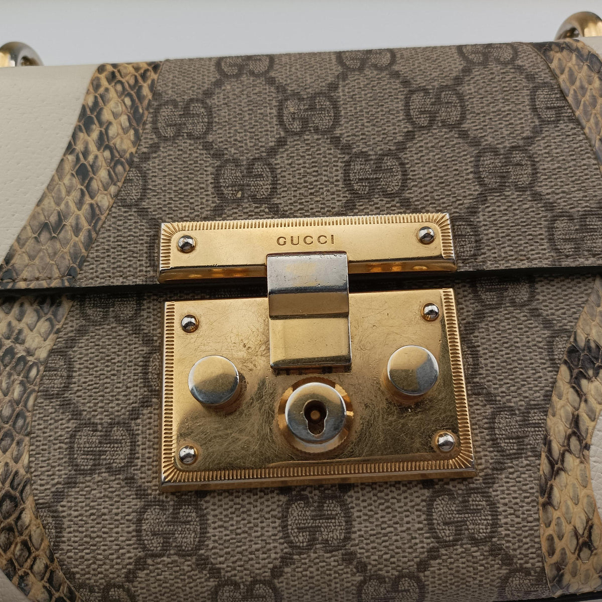 Pre-owned Gucci Padlock Beige×White×Multi Leather × Coated Canvas × Snakeskin 432182 shoulderbag | stylenewstar