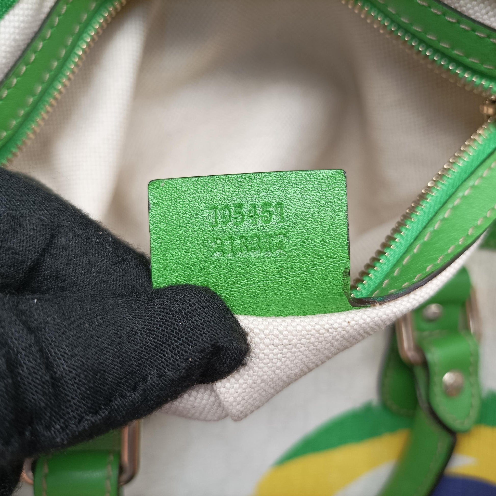 GG Flag Joy Boston White × Green × Yellow × Blue PVC Coated Canvas × Leather  195451 G012583045GGフラッグ ジョイ ボストン ホワイト × グリーン × イエロー × ブルー PVCコーティングキャンバス × レザー 195451 G012583045