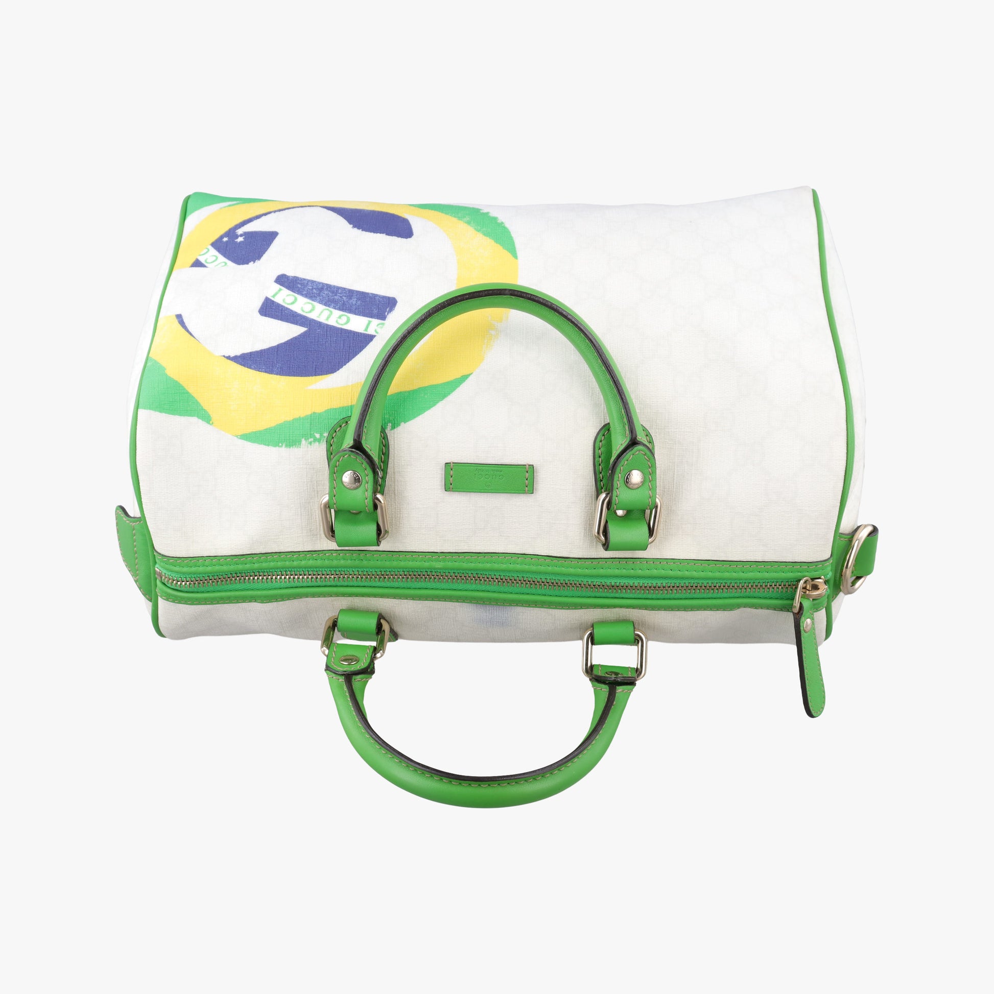 GG Flag Joy Boston White × Green × Yellow × Blue PVC Coated Canvas × Leather  195451 G012583045GGフラッグ ジョイ ボストン ホワイト × グリーン × イエロー × ブルー PVCコーティングキャンバス × レザー 195451 G012583045