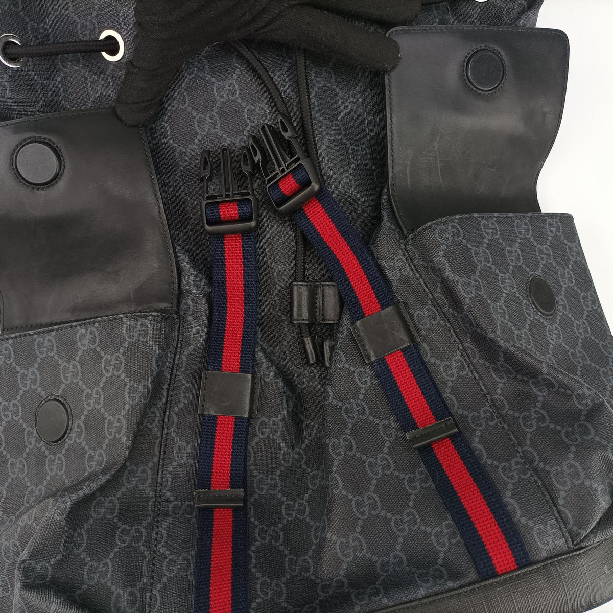 GG Supreme Black x Gray PVC coated canvas×leather 495563 C028223256GGスプリーム ブラック×グレー PVCコーティングキャンバス×レザー 495563 C028223256
