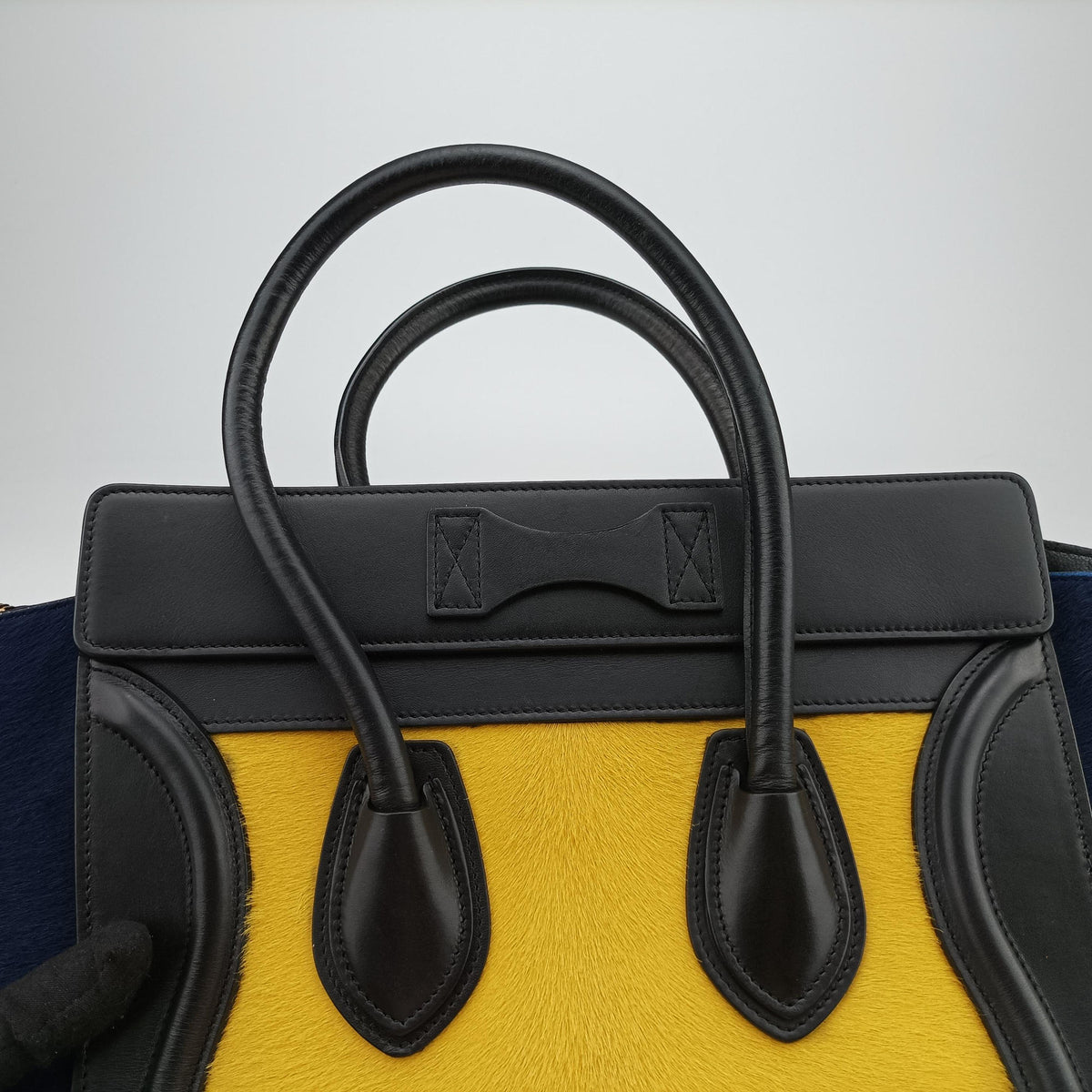 Luggage Micro shopper Black×Yellow×Blue leather×ponyhair W-GA-0164ラゲージマイクロショッパー ブラック×イエロー×ブルー レザー×ハラコ W-GA-0164