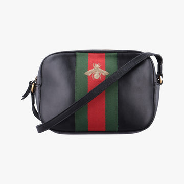 Pre-owned Gucci Bee Web Black Leather 412008 shoulderbag | stylenewstar
