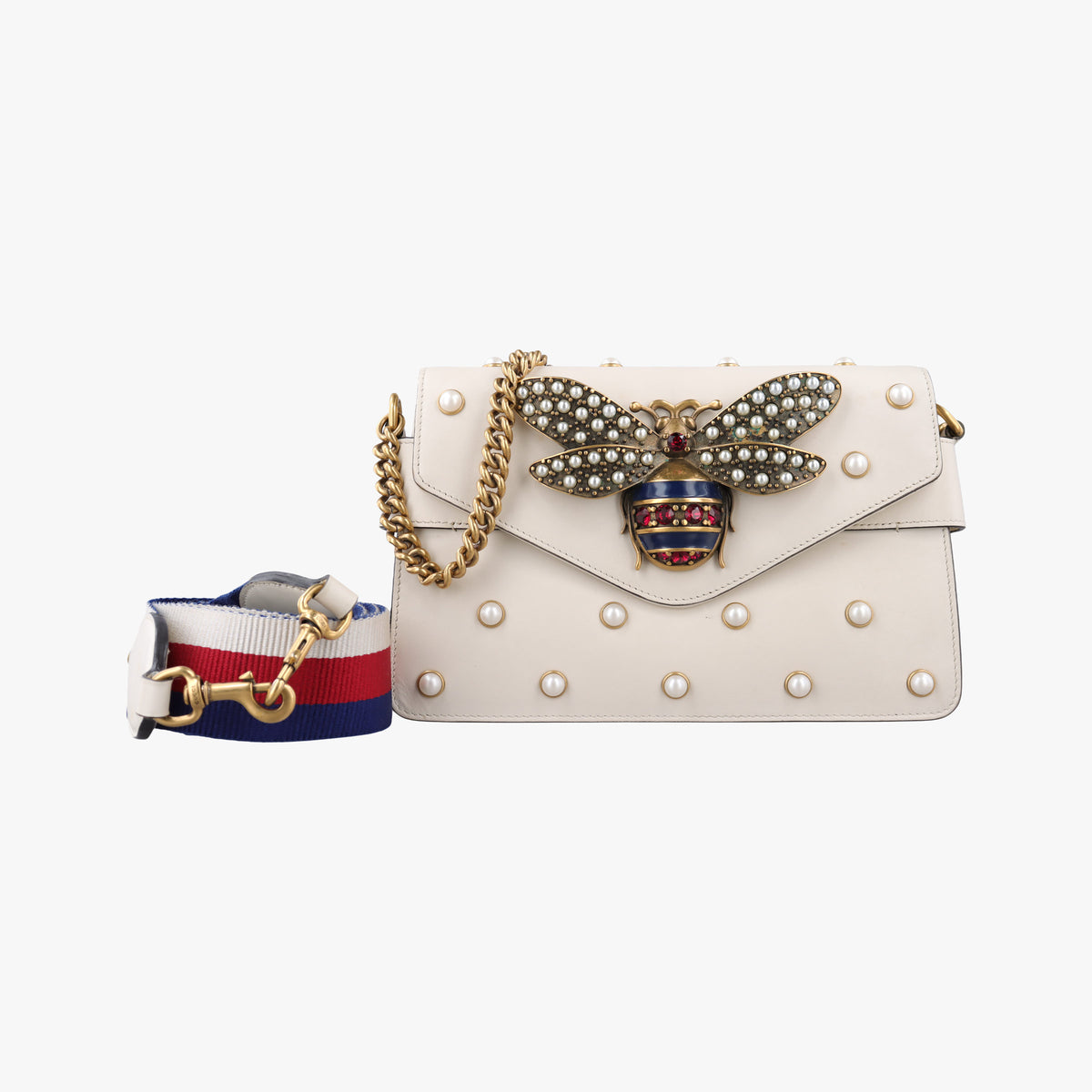 Pre-owned Gucci Broadway Pearl Bee White Leather 453778 shoulderbag | stylenewstar