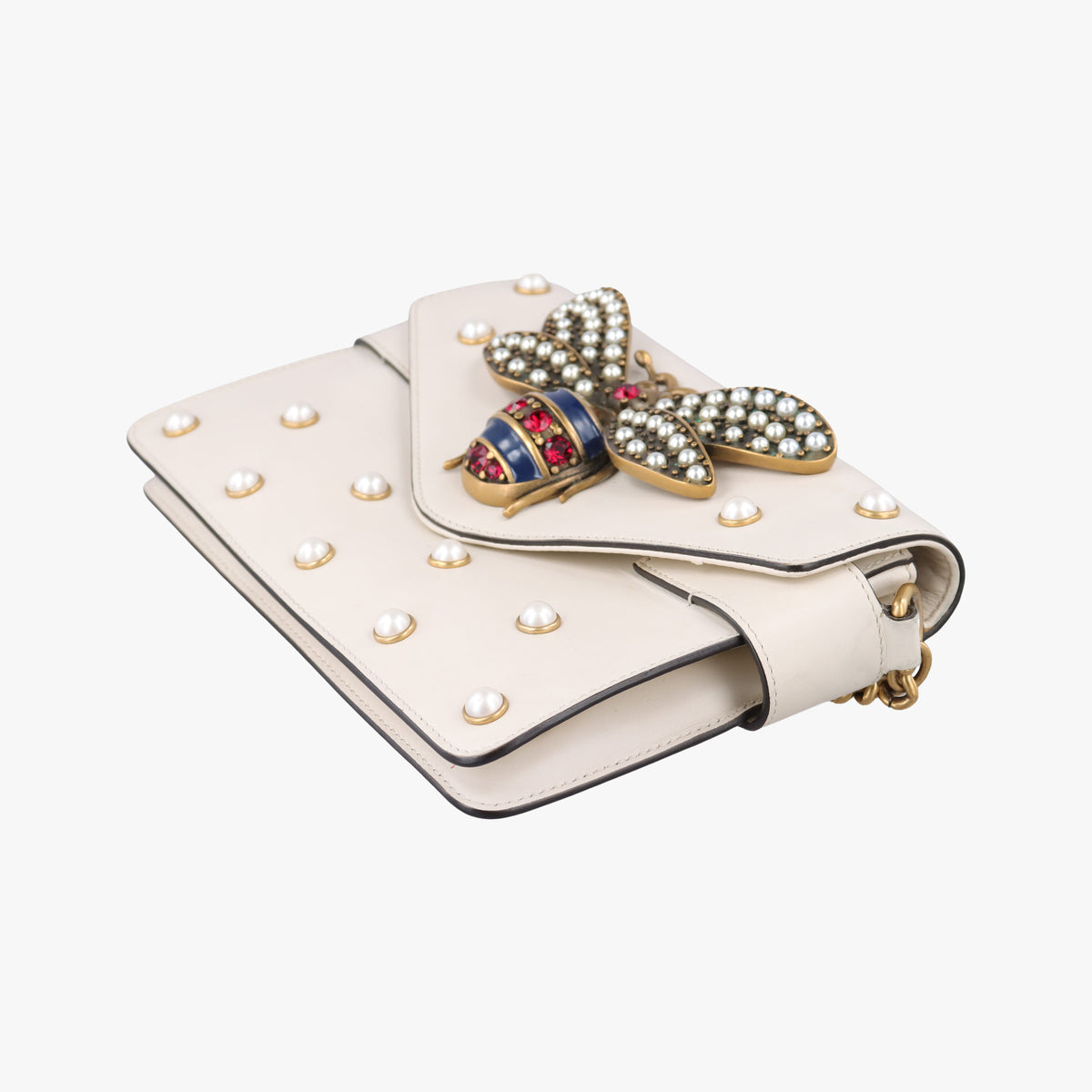 Pre-owned Gucci Broadway Pearl Bee White Leather 453778 shoulderbag | stylenewstar