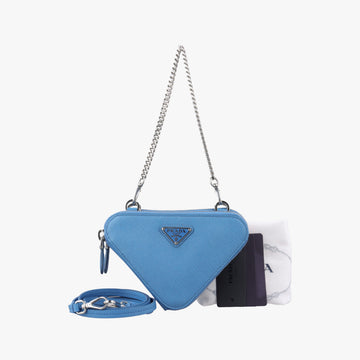Secondhand Prada Triangle Logo Plate Blue SAFFIANO Leather 1NR015 shoulderbag | stylenewstar
