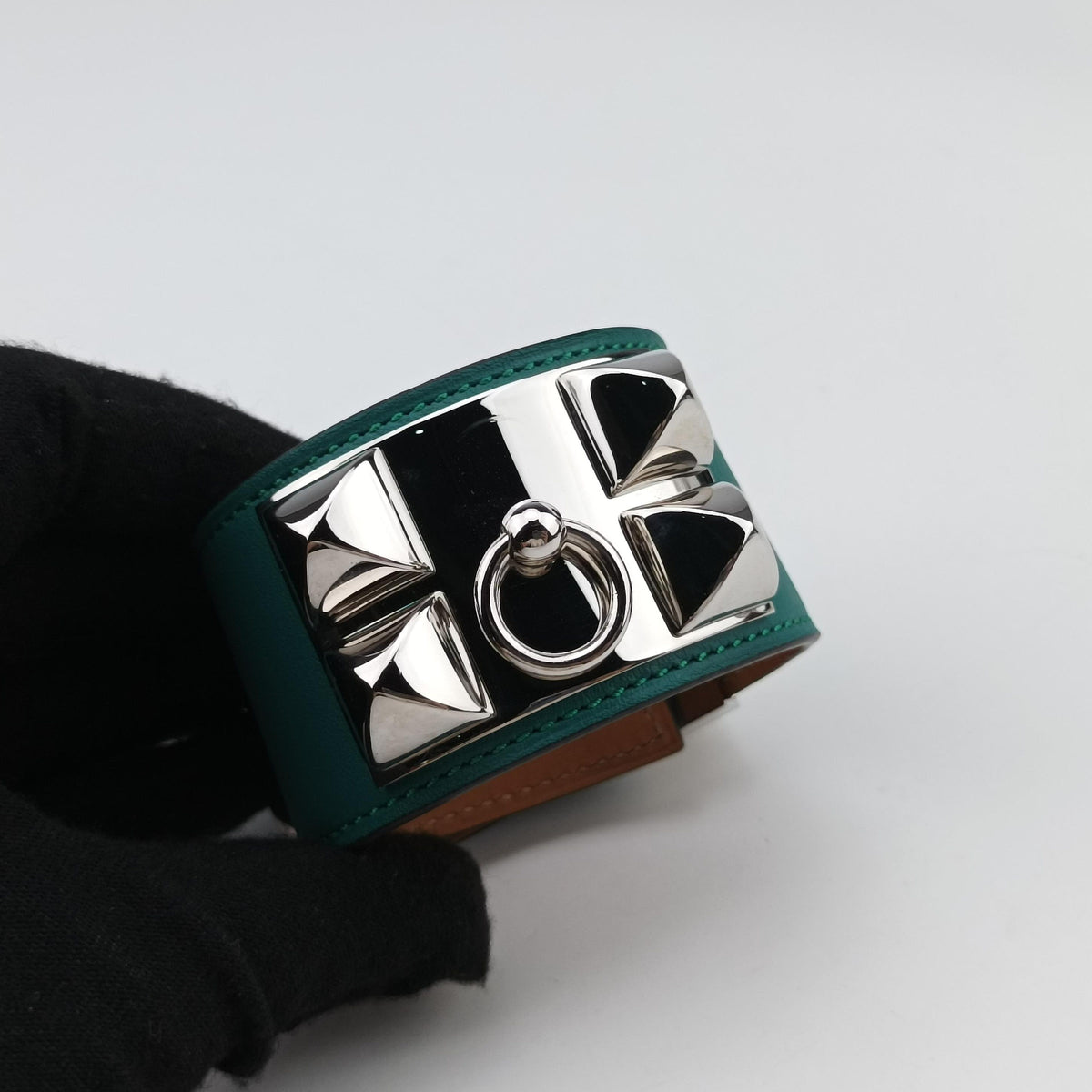 Secondhand Hermes Collier de chien Green×silver Leather × GP  bangle/wristband | stylenewstar