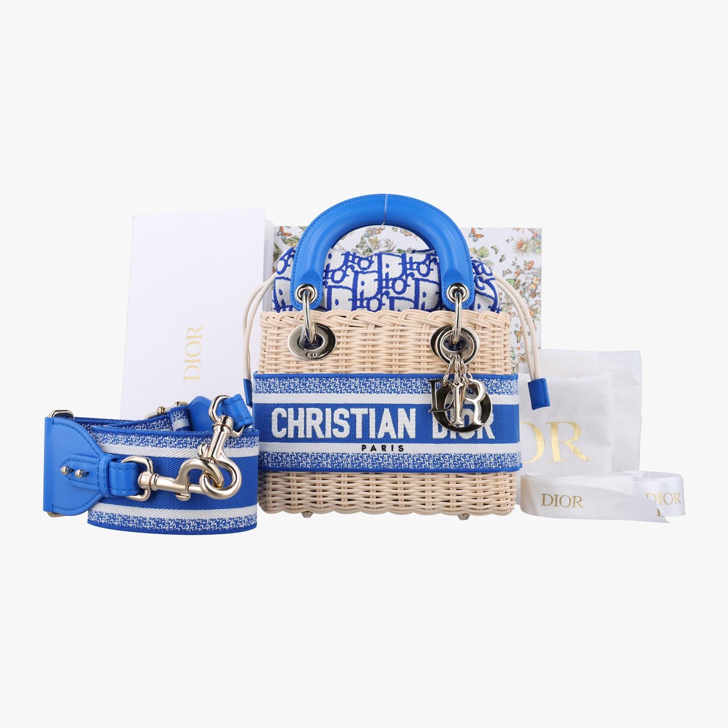 クリスチャンディオール Christian Dior ショルダーバッグ レディース ウィッカー オブリーク　レディディオール ブルー ストロー 63-MA-0262