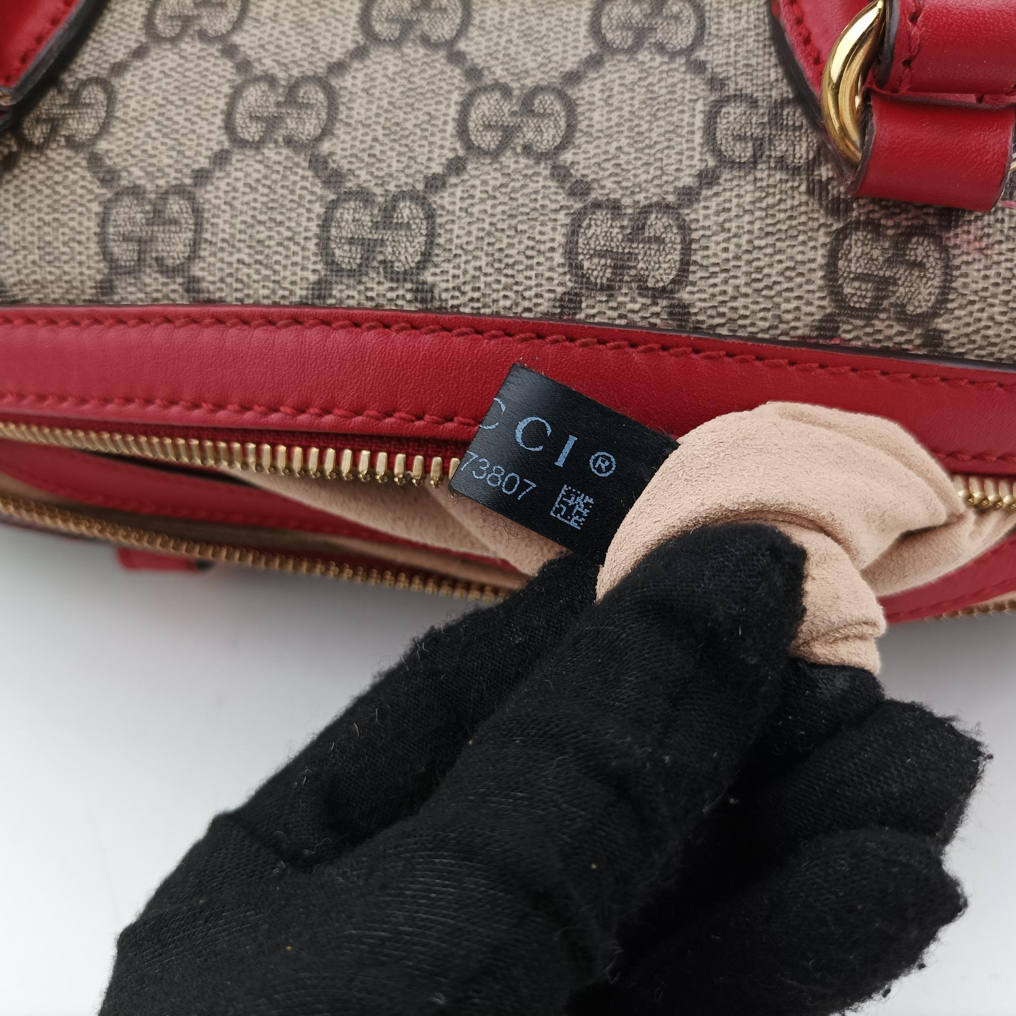 グッチ Gucci ボストンバッグ レディース GGスプリーム モノグラム ハート刺繍 ベージュ×レッド PVCコーティングキャンバス×レザー 409529 520981