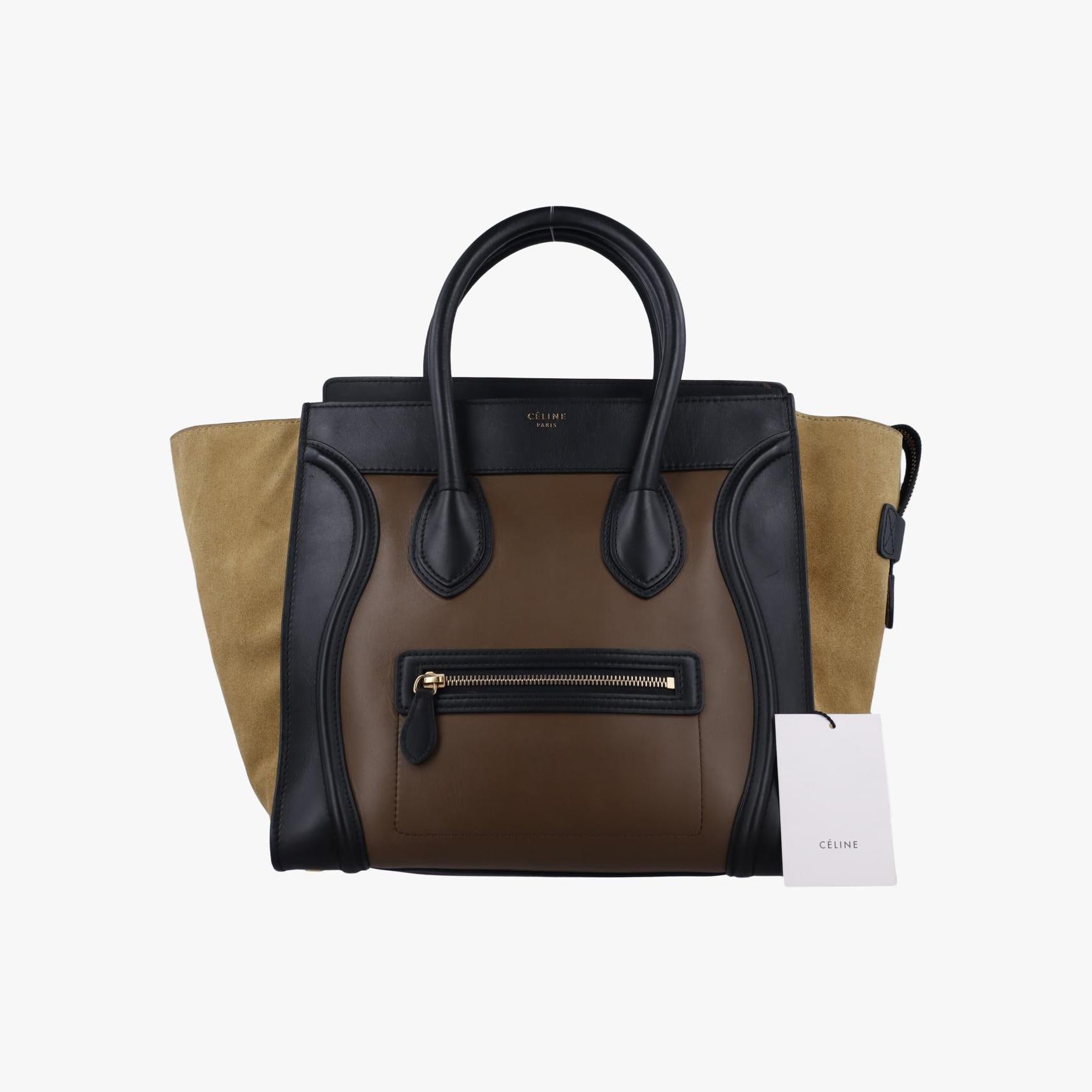 セリーヌ Celine ハンドバッグ レディース ラゲージミニショッパー ブラック×ベージュ×ブラウン レザー× スエード S-SA-0112 S-MM-0112