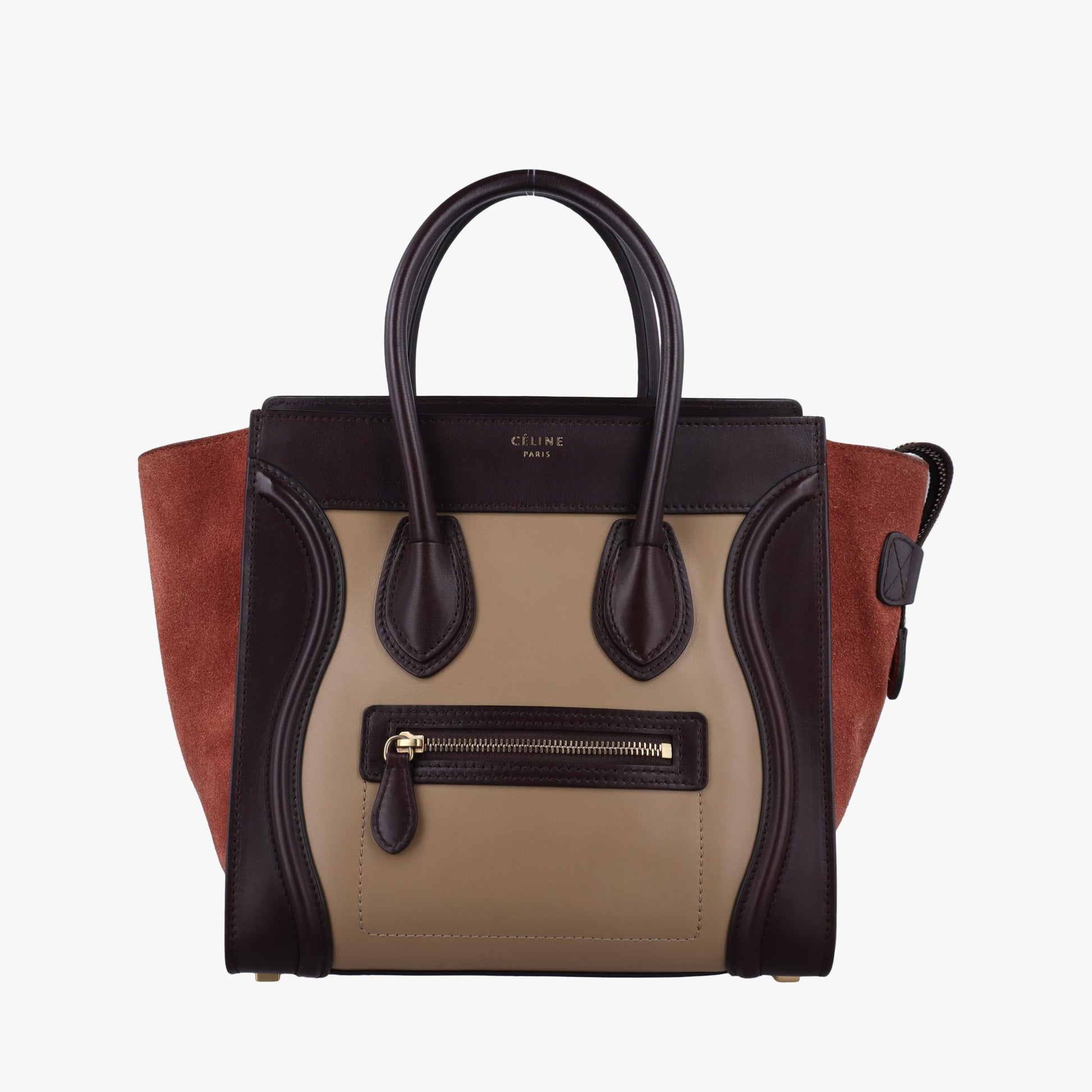 セリーヌ Celine ハンドバッグ レディース ラゲージマイクロショッパー ベージュ×ブラウン×ブラック レザー×スエード S-SA-0112 S-CU-0122