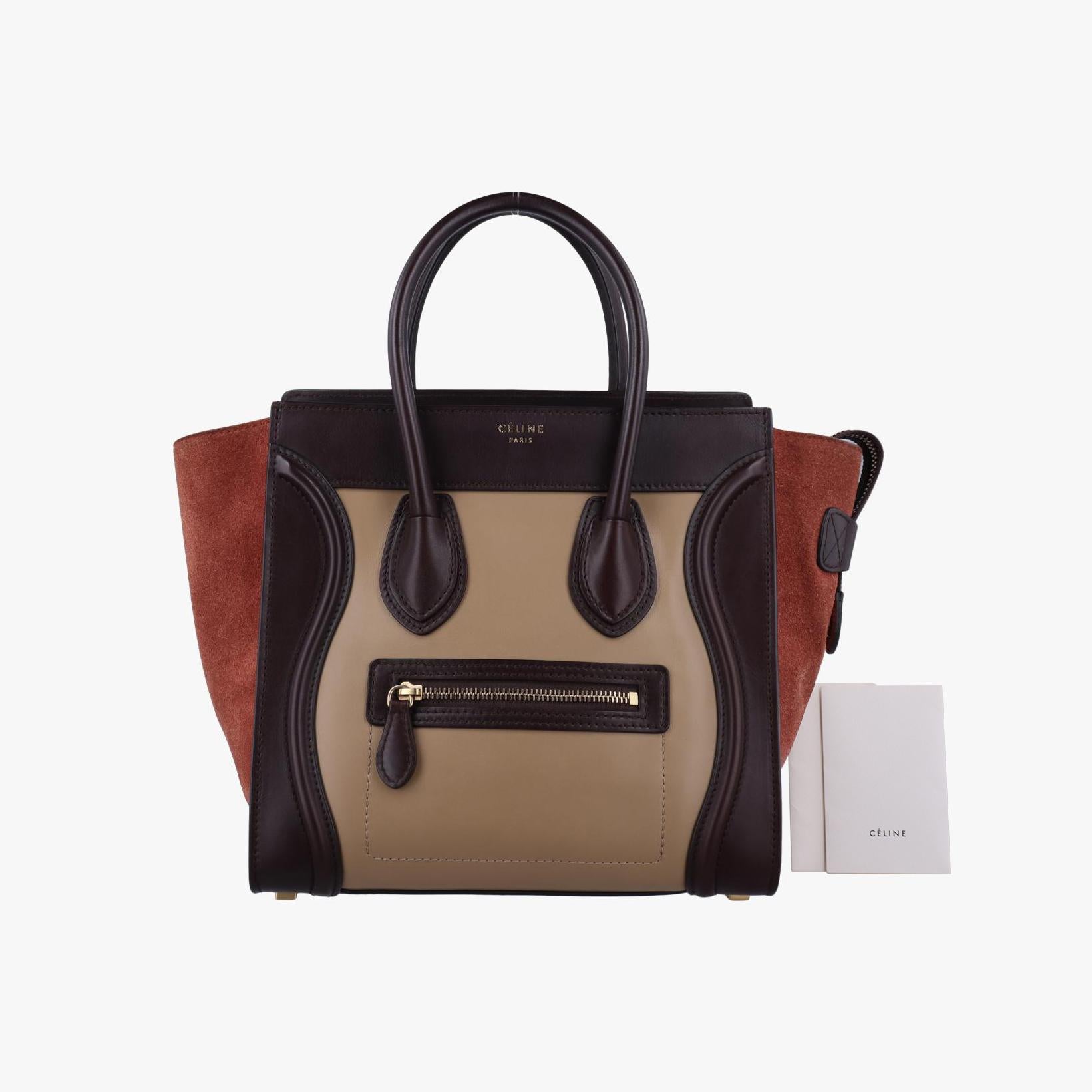 セリーヌ Celine ハンドバッグ レディース ラゲージマイクロショッパー ベージュ×ブラウン×ブラック レザー×スエード S-SA-0112 S-CU-0122