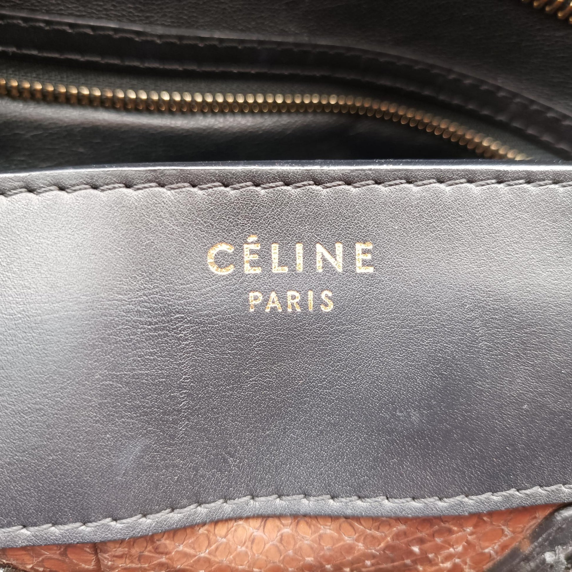 セリーヌ Celine ハンドバッグ レディース ラゲージミニショッパー ブラック×ホワイト×ブラウン レザー×ヘビ革 W-GA-0172