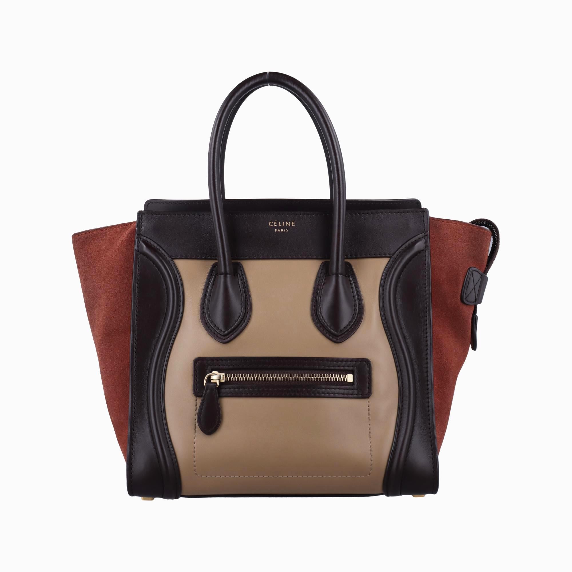 セリーヌ Celine ハンドバッグ レディース ラゲージマイクロショッパー ブラック×ベージュ×ブラウン レザー×スエード S-SA-0112 S-UP-0122