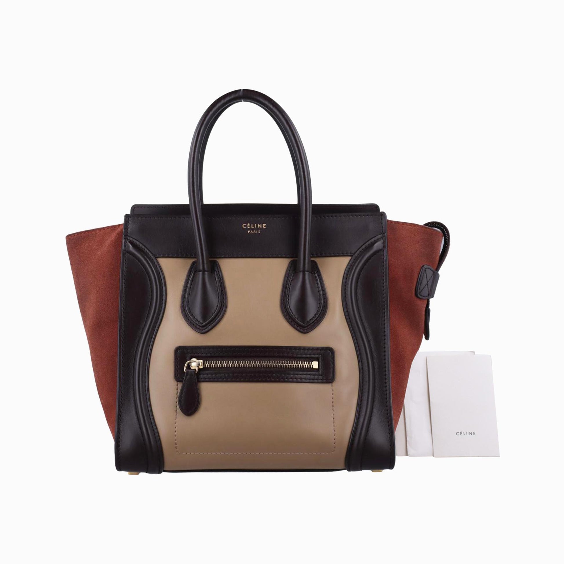 セリーヌ Celine ハンドバッグ レディース ラゲージマイクロショッパー ブラック×ベージュ×ブラウン レザー×スエード S-SA-0112 S-UP-0122