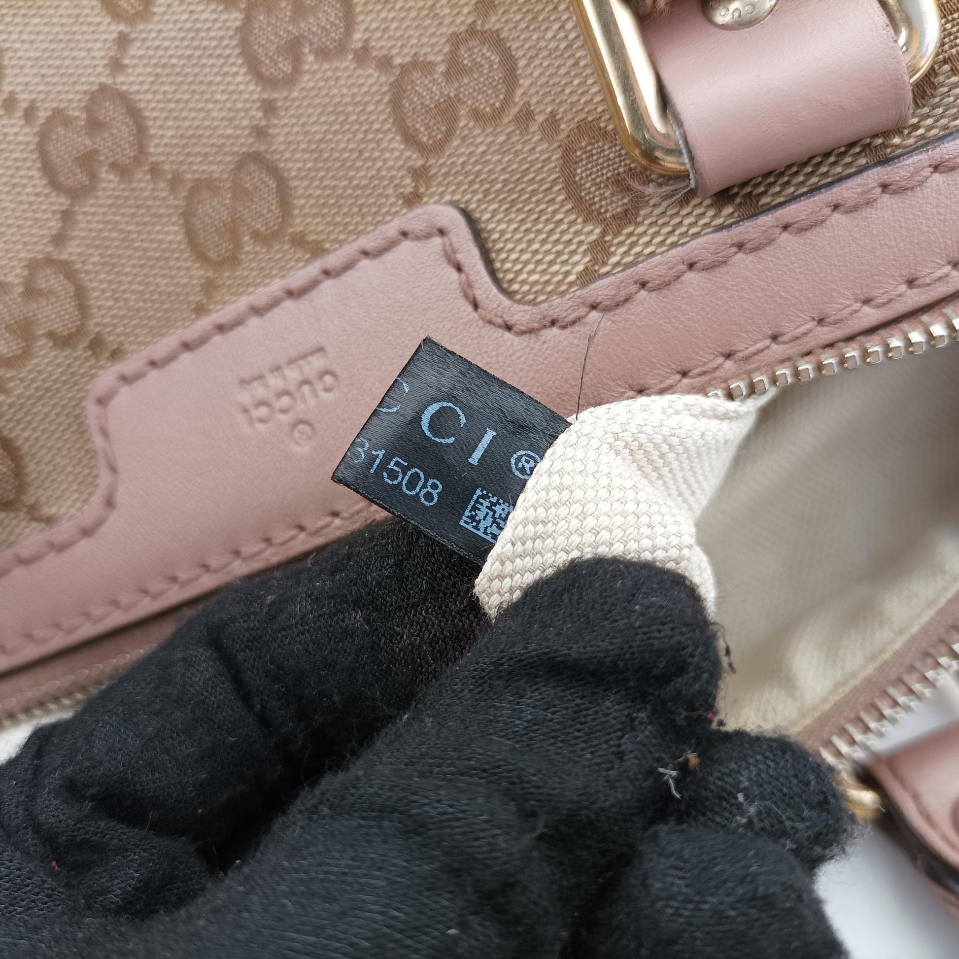 グッチ Gucci ボストンバッグ レディース シェリーライン カーキ×ピンク キャンバス×レザー 247205 E013131508