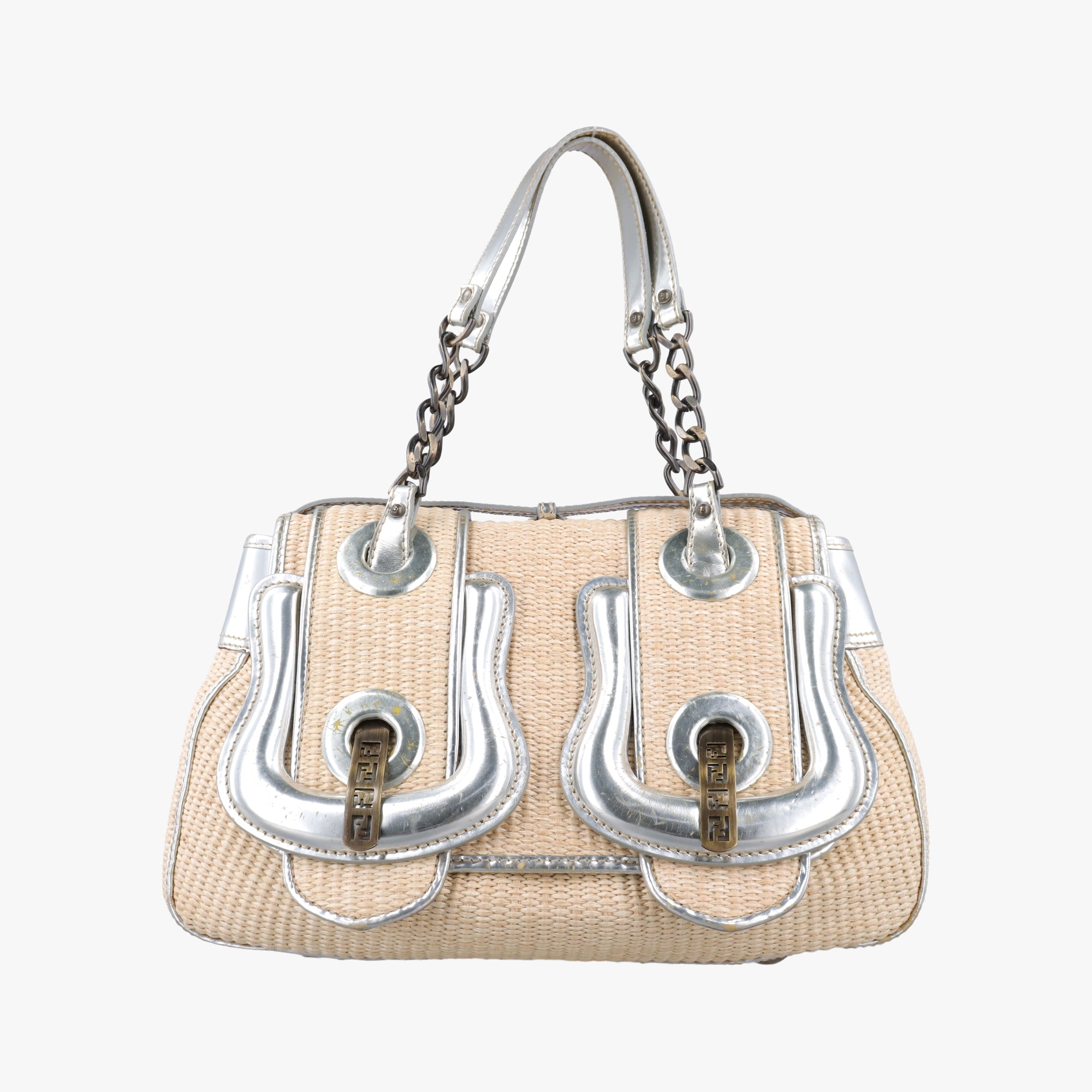 B Bag Beige x Silver straw 2415-8BN165-VUM-078Bバッグ ベージュ×シルバー ストロー 2415-8BN165-VUM-078