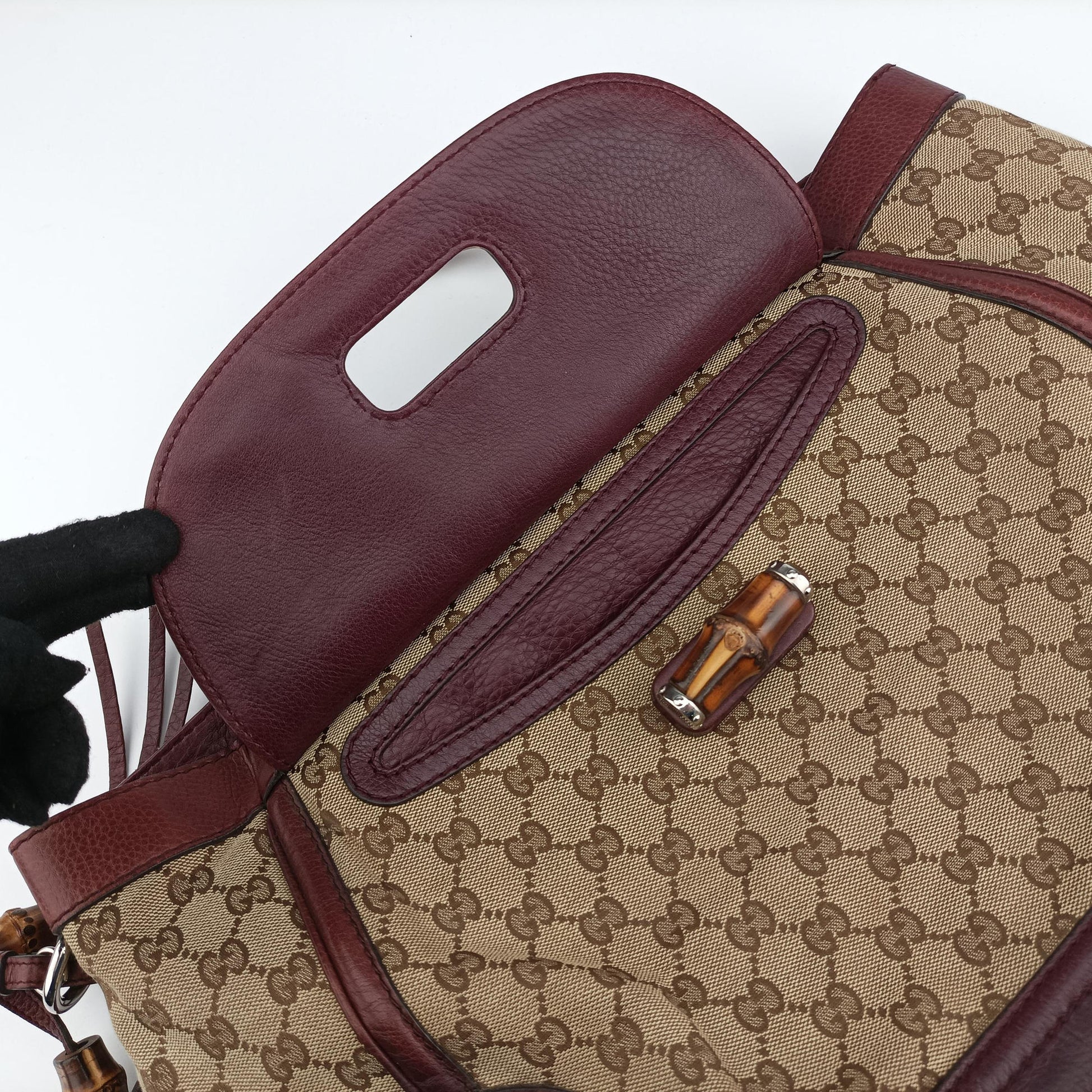 New Bamboo Tassel beige×burgundy canvas×leather 246860 F7098378ニューバンブー タッセル ベージュ×ワインレッド キャンバス×レザー 246860 F7098378
