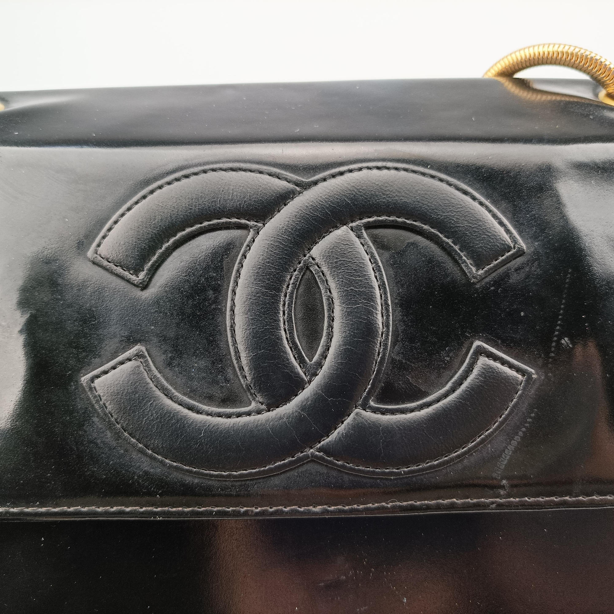 CC Snake Chain Flap Black Enamel A08699 4850347CC スネークチェーン フラップ ブラック エナメル A08699 4850347