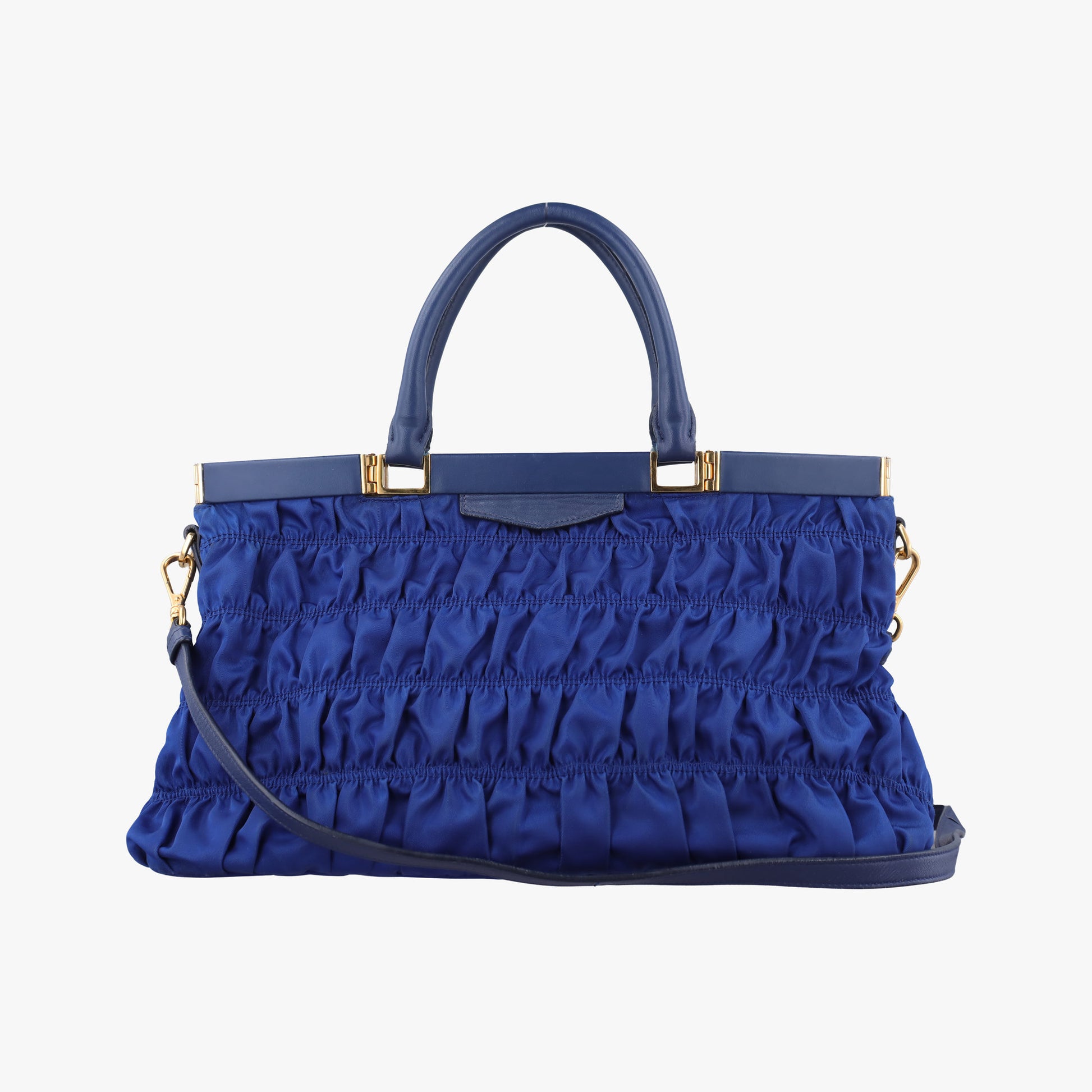 gathered bag Blue Nylon x leather 117ギャザーバッグ ブルー ナイロン×レザー 117